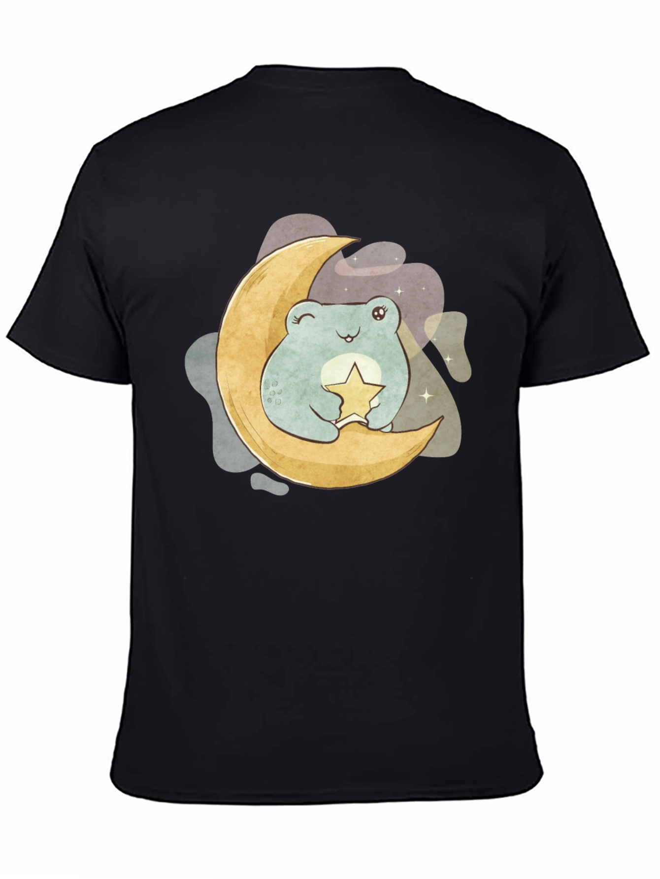 Black Cute Frog on Moon Graphic Tee - Black Cotton T-Shirt view 4