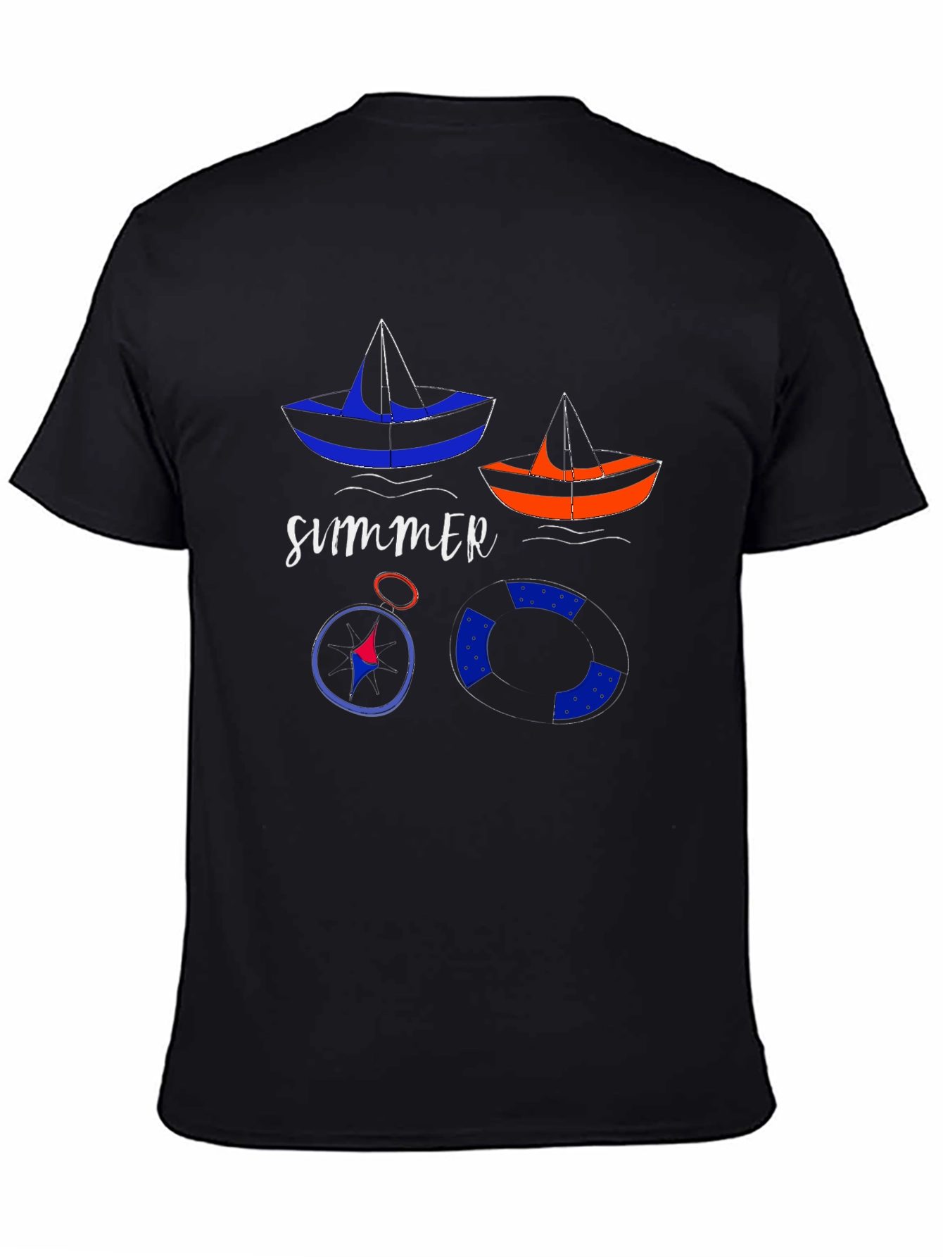 Summer Nautical T-Shirt: Sailboats, Compass, and Life Preserver - 4