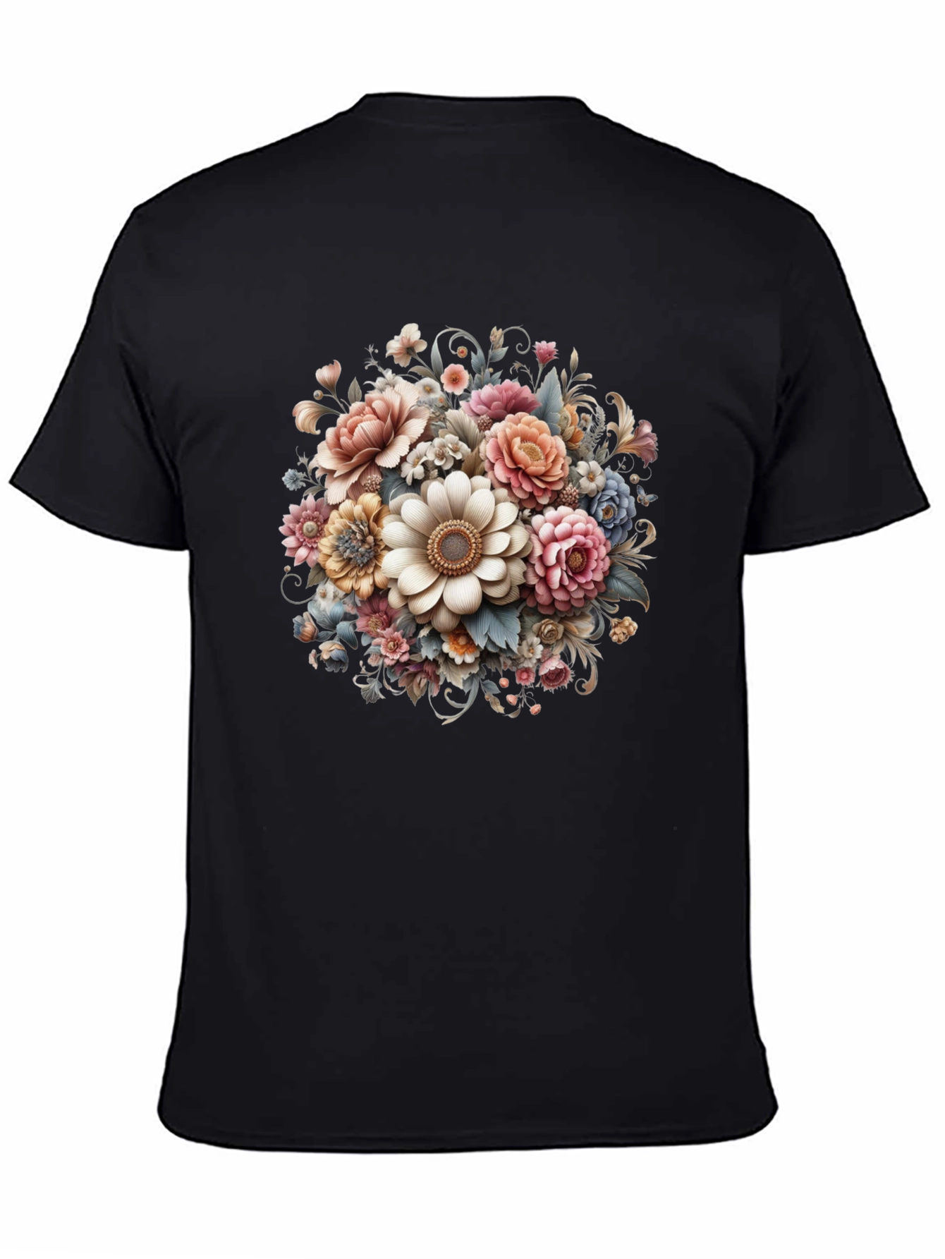 Black Floral Bouquet Graphic Black T-Shirt view 4