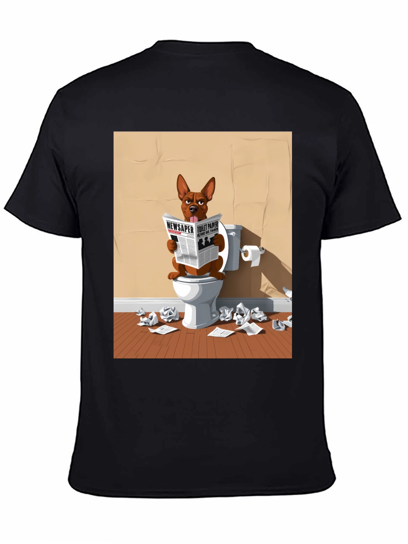 Black Dog on Toilet Reading Newspaper Graphic Tee view 4