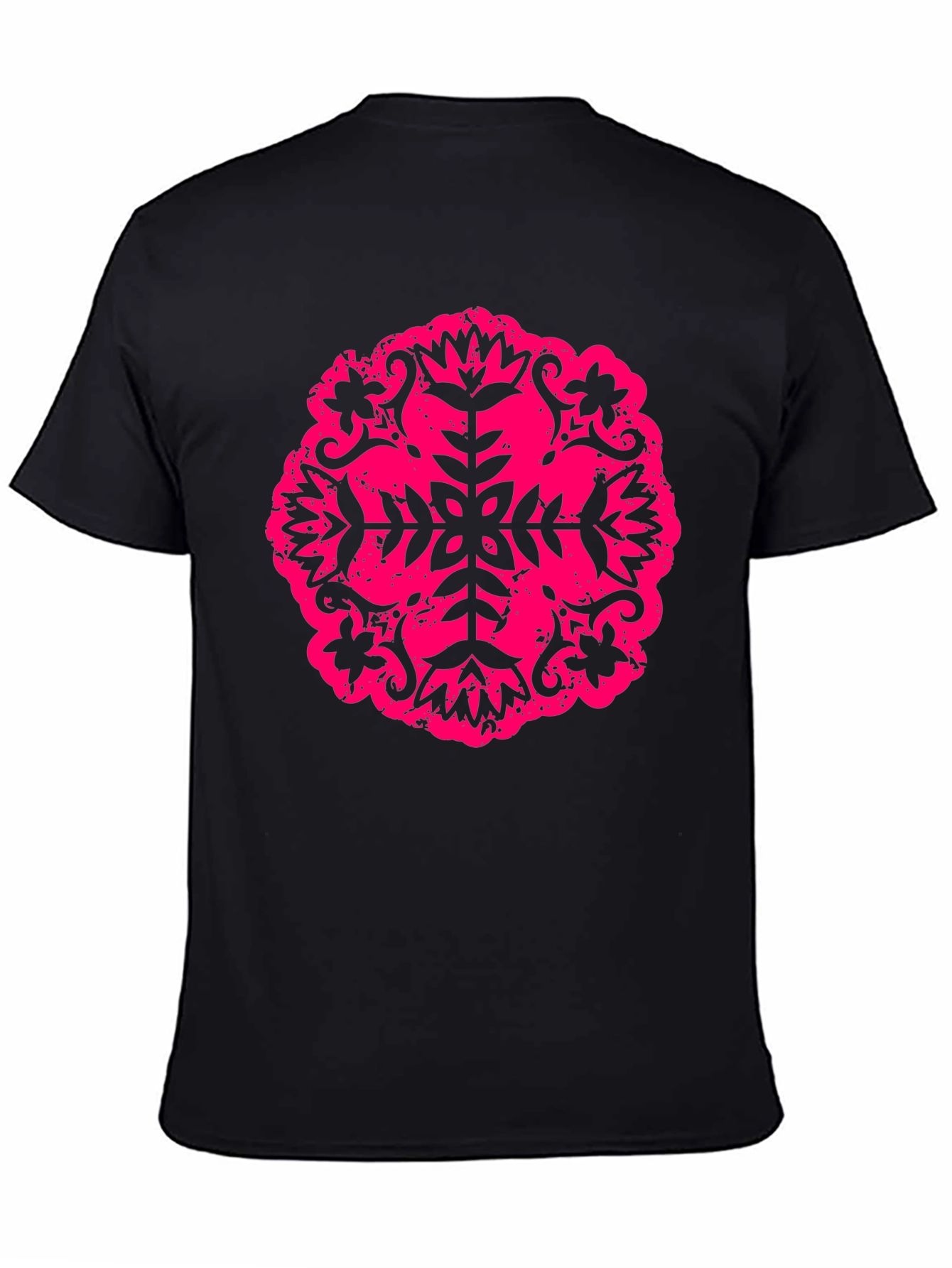 Black Black Tee with Pink Floral Mandala Design view 4