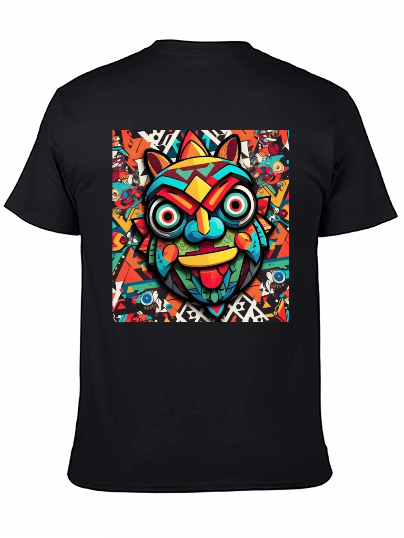 Black Bold Graphic Tee - Colorful Tribal Mask Design view 4