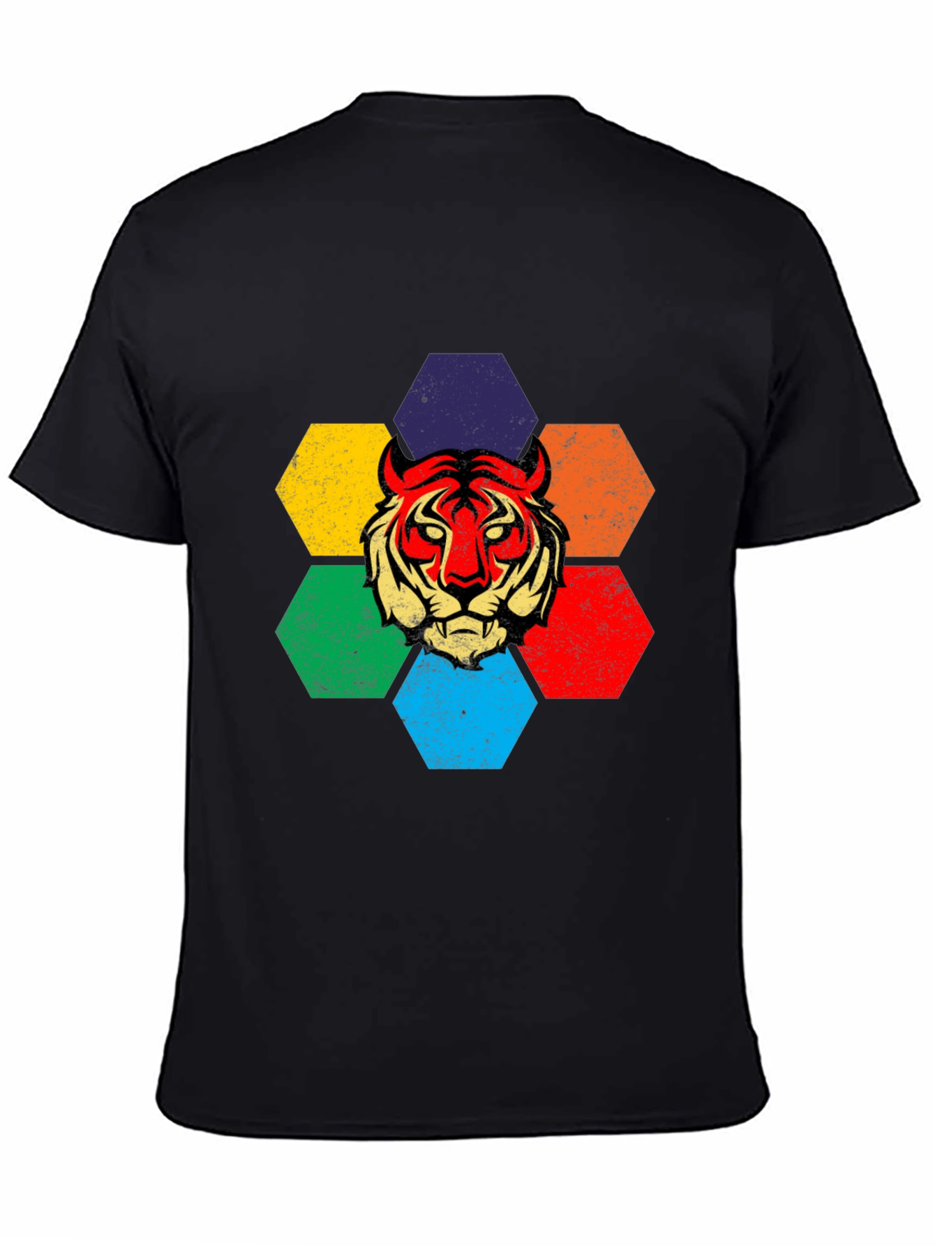 Black Retro Tiger Graphic Tee - Colorful Hexagon Design view 4
