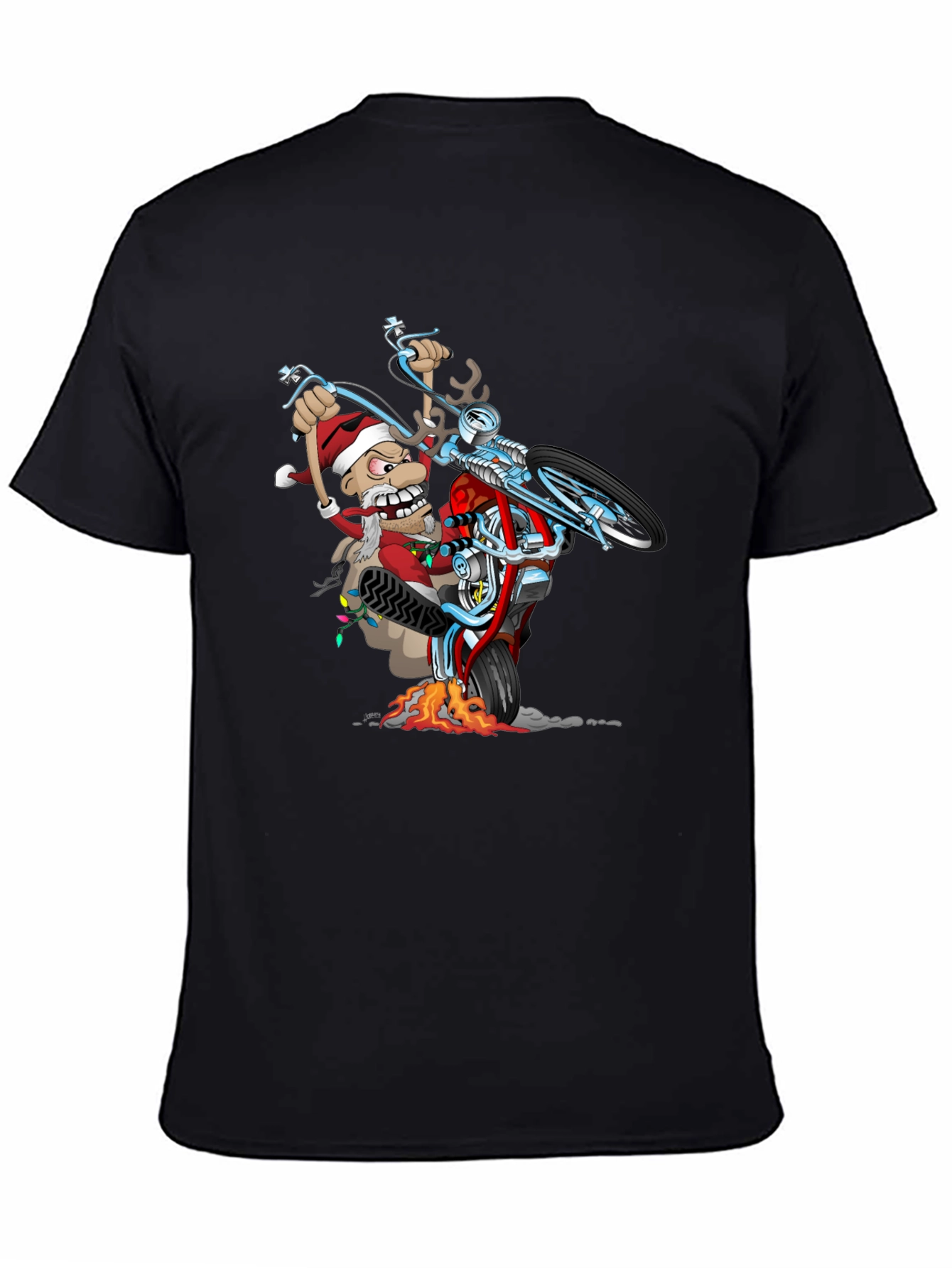 Black Santa Biker T-Shirt - Holiday Motorcycle Wheelie Tee view 4
