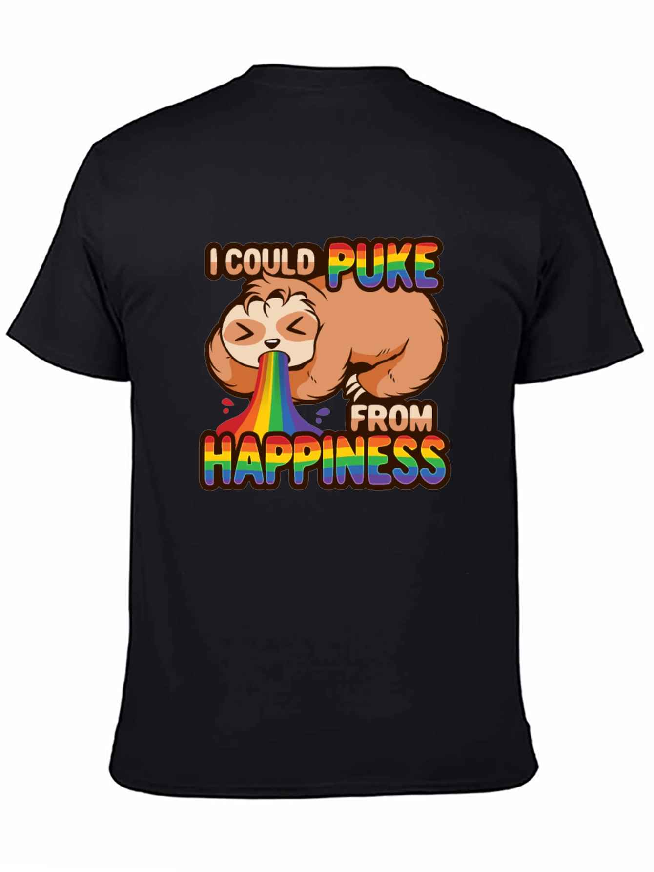 Black Sloth Rainbow Puke Happiness T-Shirt view 4
