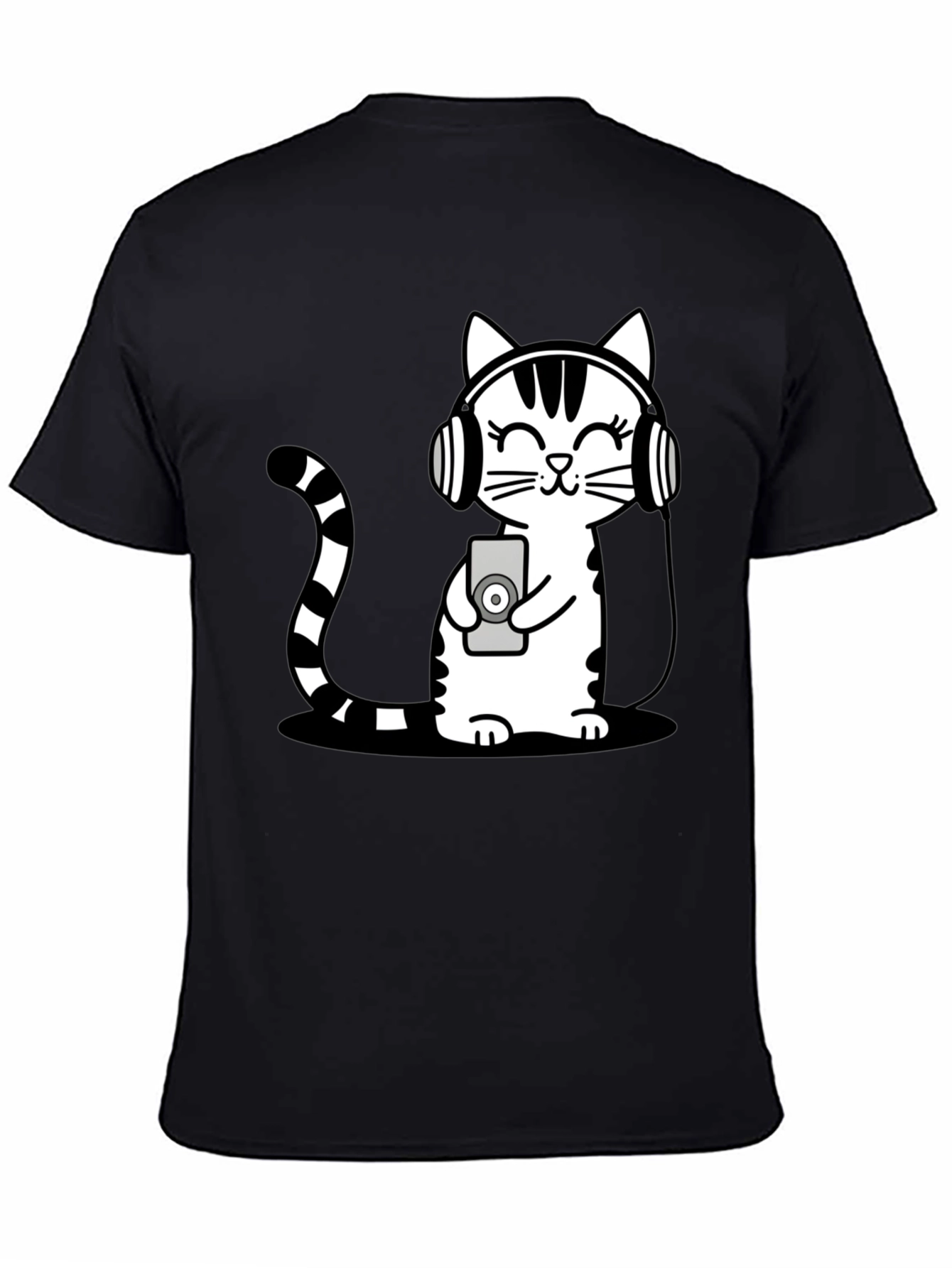 Black Cool Cat Headphones Graphic T-Shirt view 4
