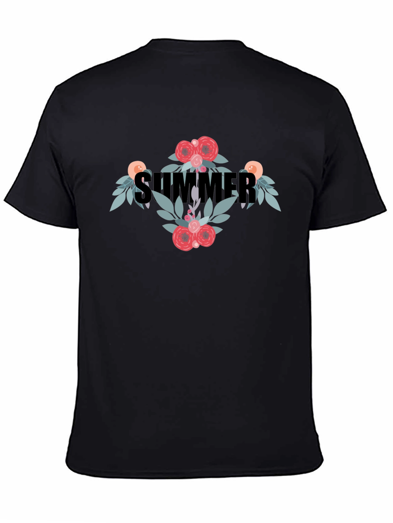 Black Summer Floral Graphic T-Shirt - Casual Black Tee view 4