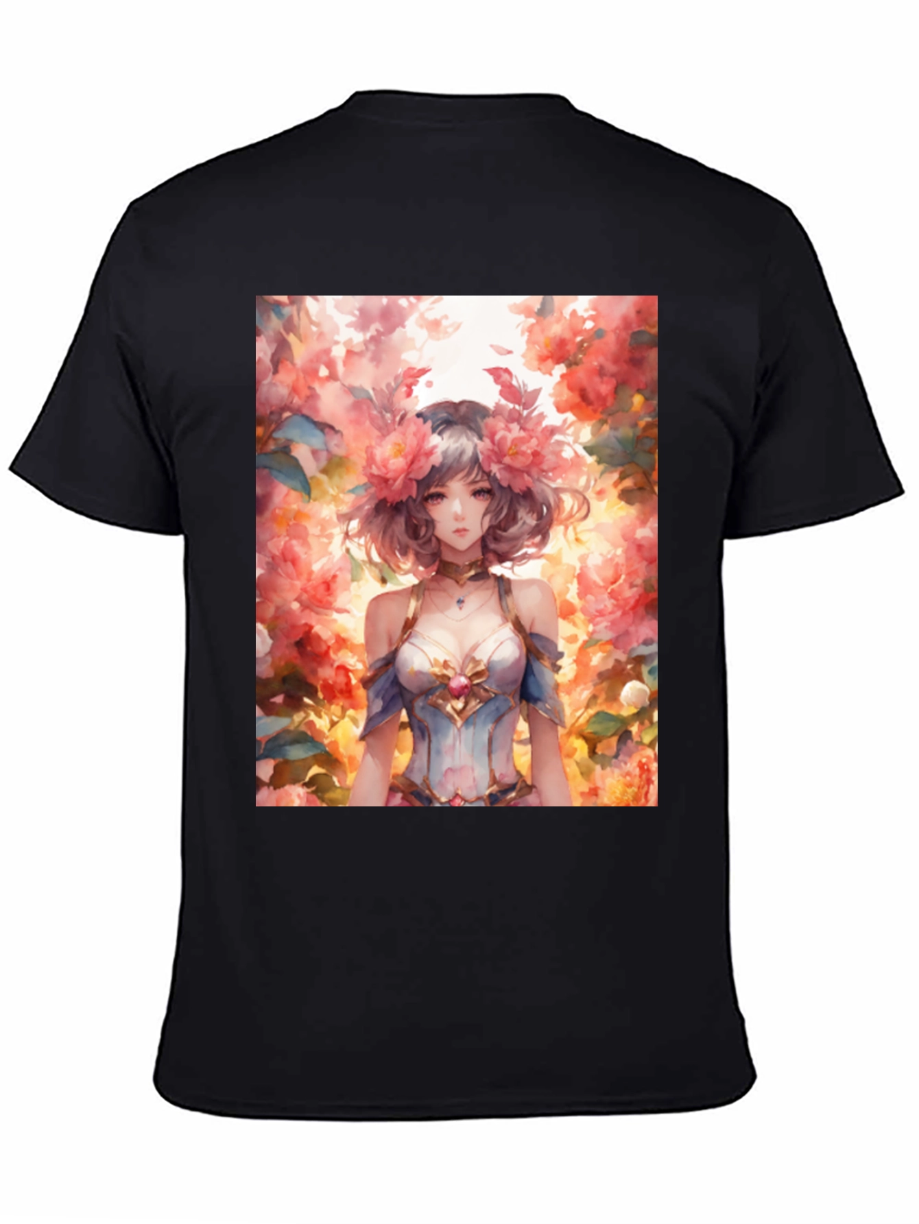 Black Floral Anime Girl Graphic Tee - Stylish & Unique view 4