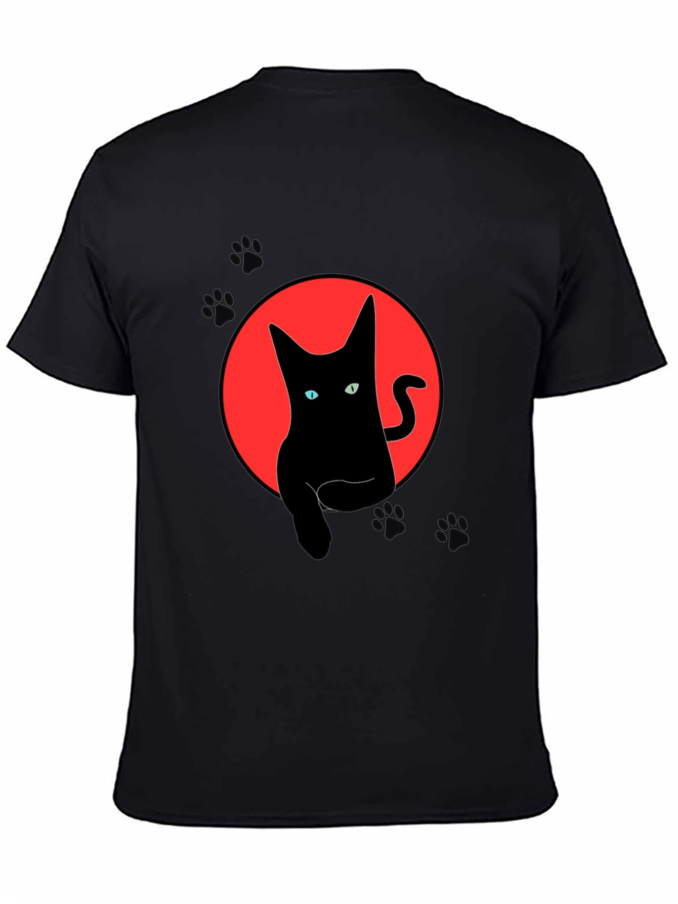 Black Black Cat Graphic Tee - Round Red Moon Design view 4