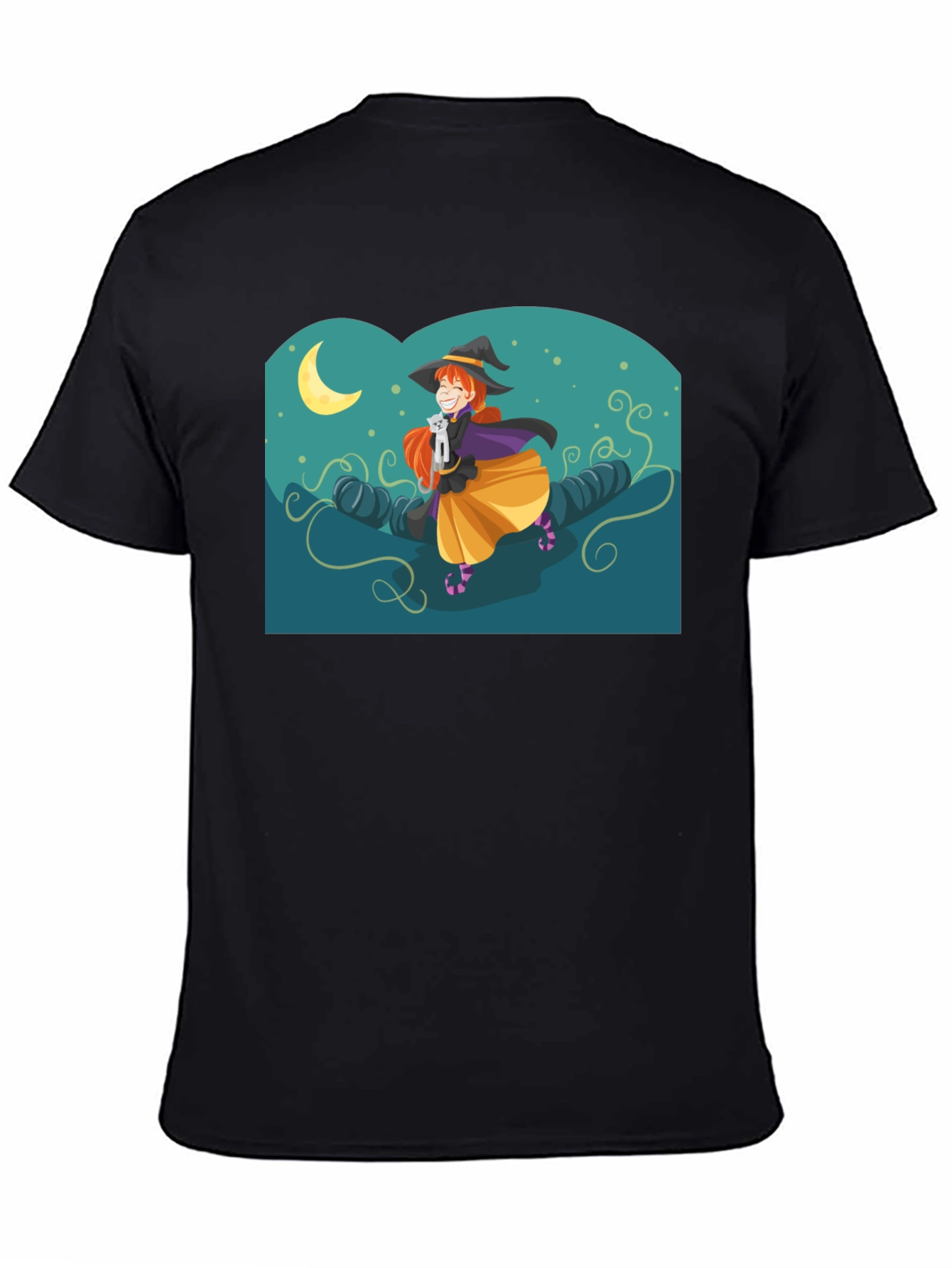 Black Whimsical Witch Graphic Tee - Black Cotton Shirt view 4