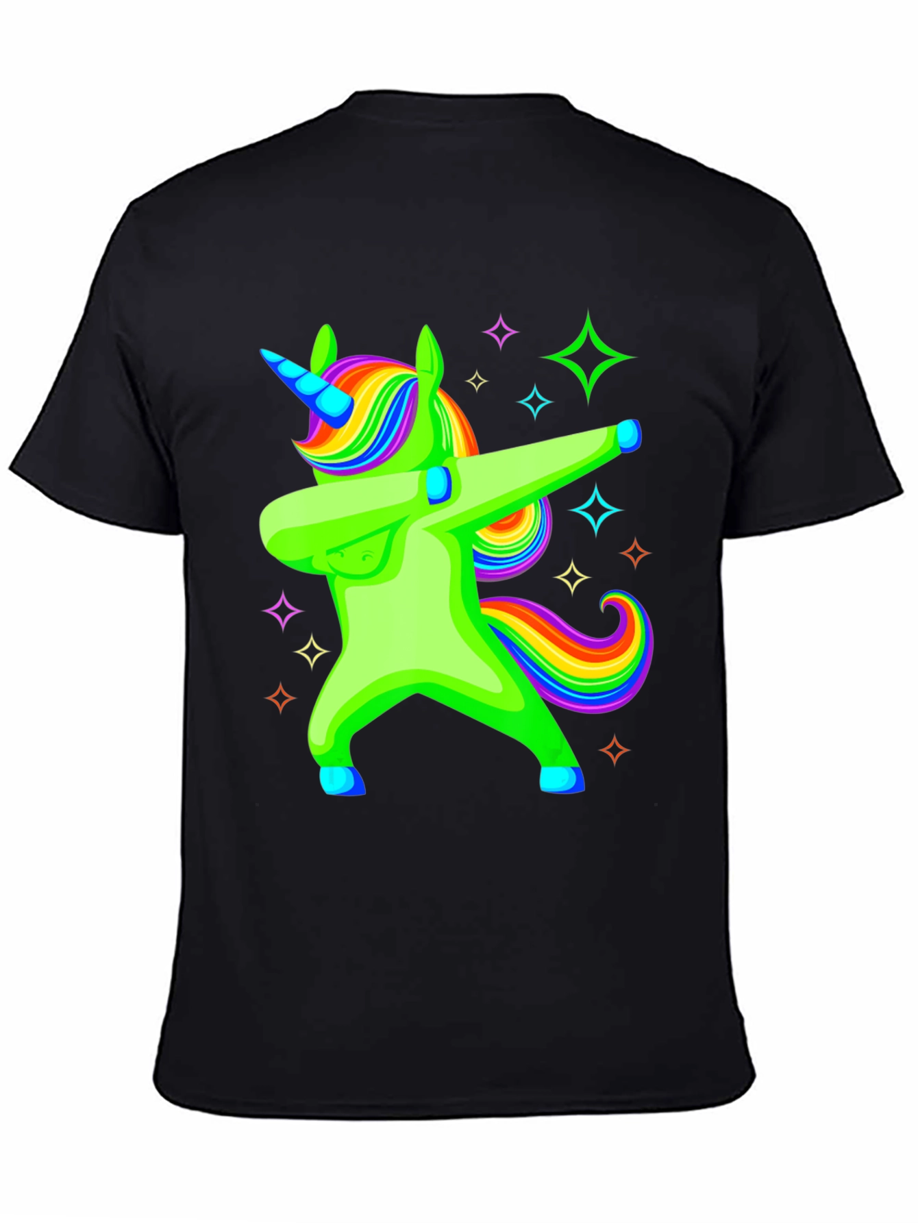 Black Dabbing Unicorn Graphic Tee - Rainbow Mane Black T-Shirt view 4