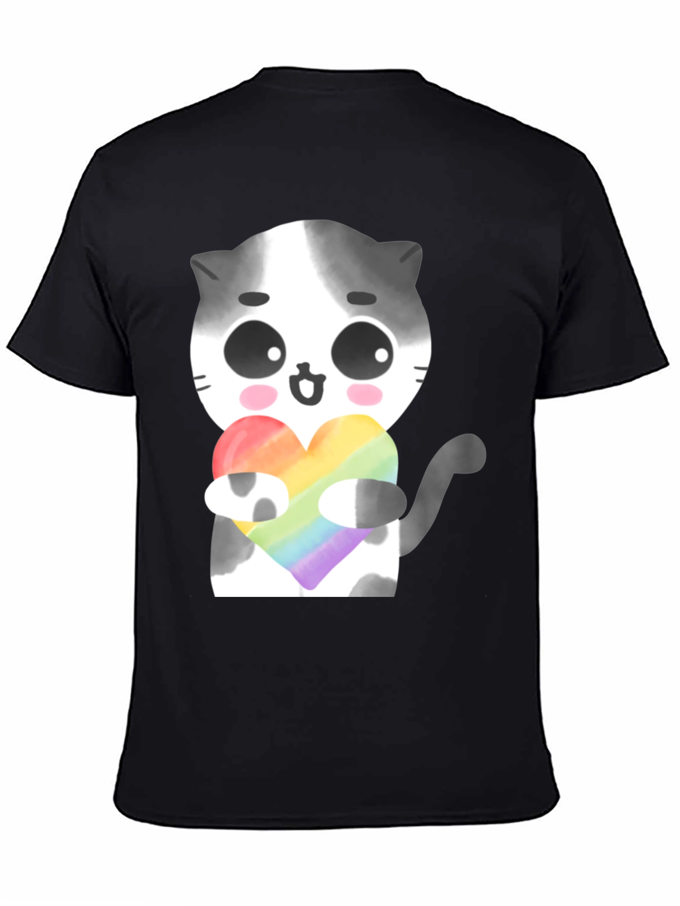 Black Cute Cat Holding Rainbow Heart T-Shirt view 4