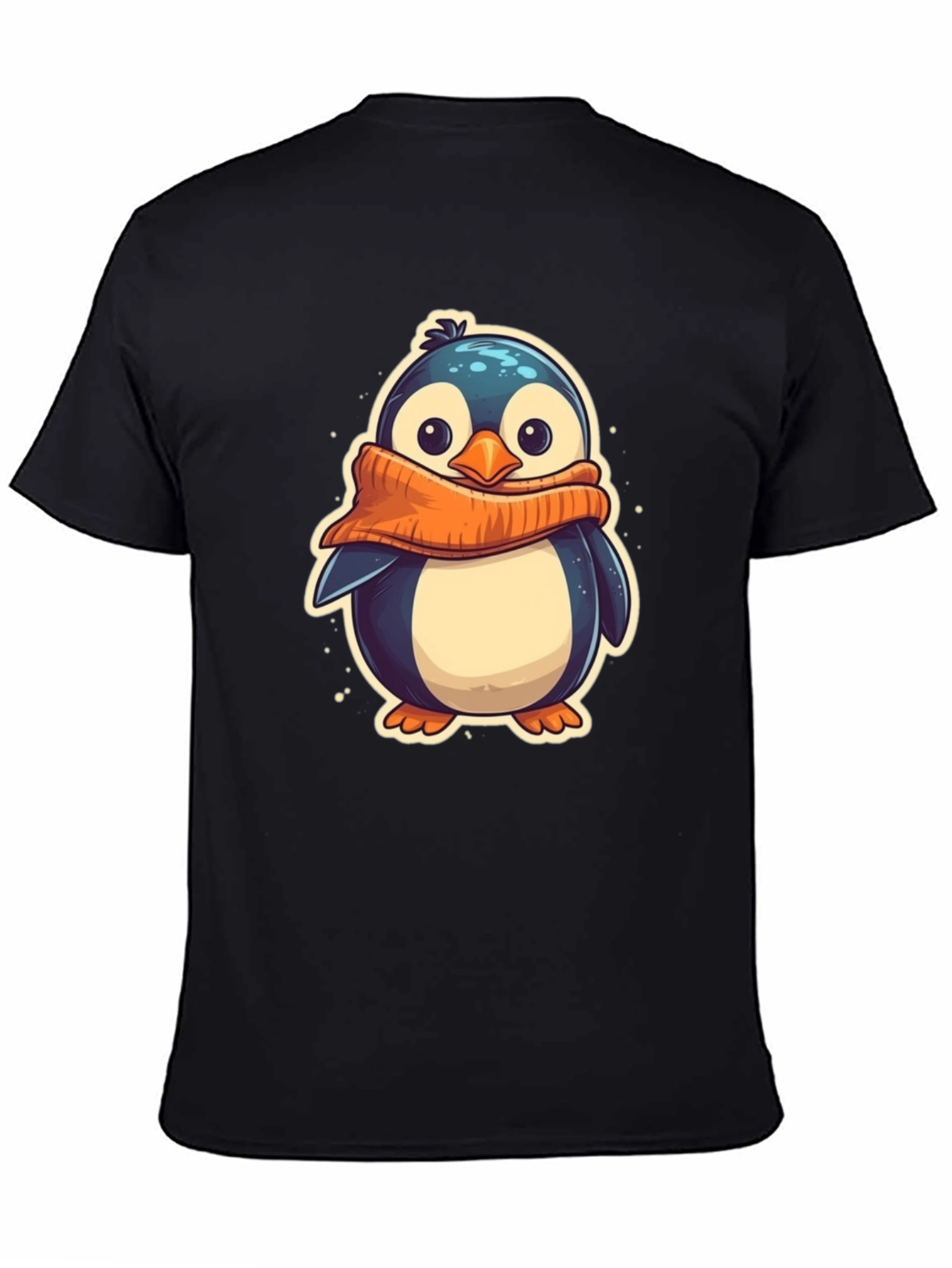 Black Cute Penguin Scarf Graphic Tee - Black Cotton T-Shirt view 4
