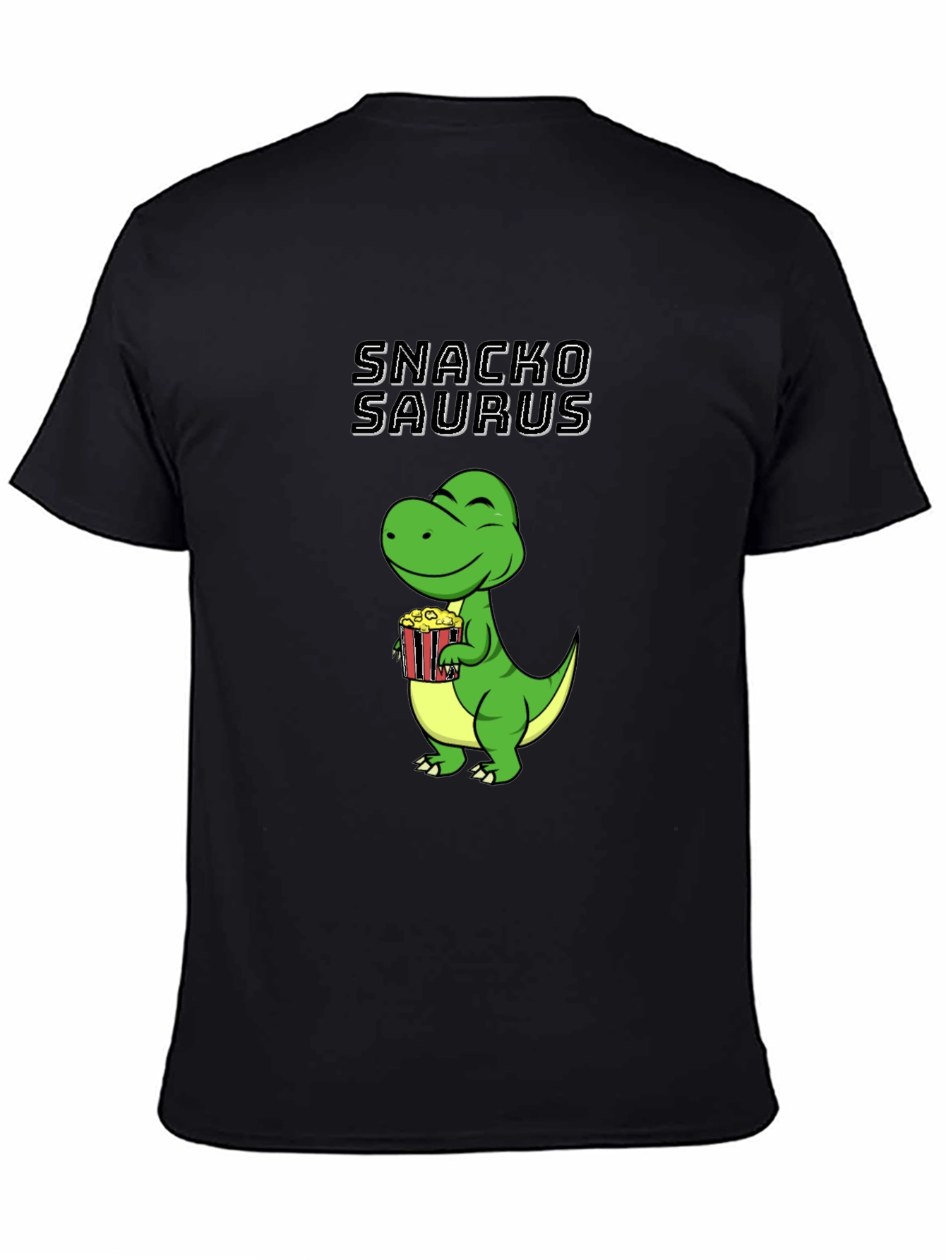 Black Snackosaurus T-Shirt - Funny Dinosaur Eating Popcorn Tee view 4