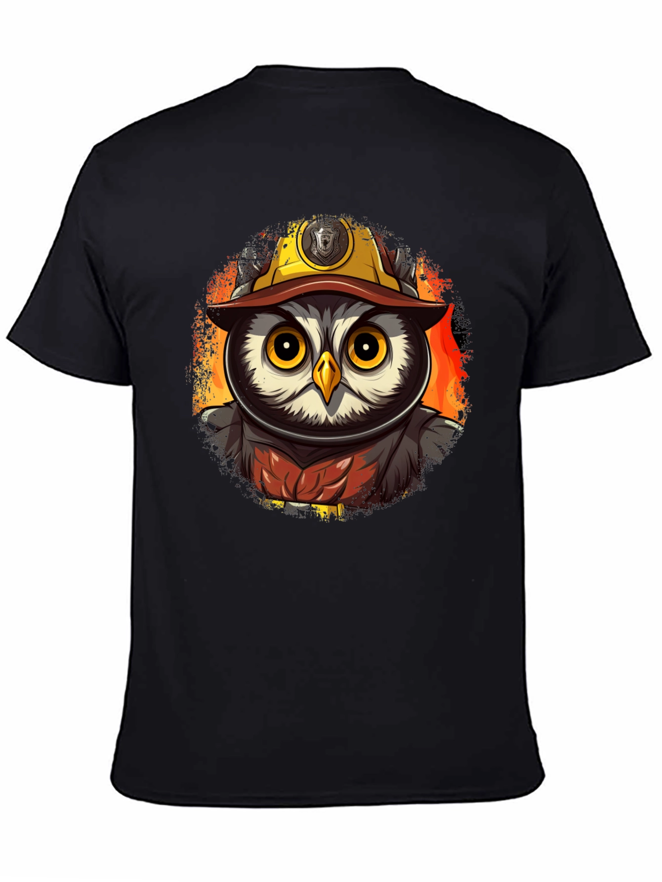Black Owl Firefighter T-Shirt - Cartoon Design view 4