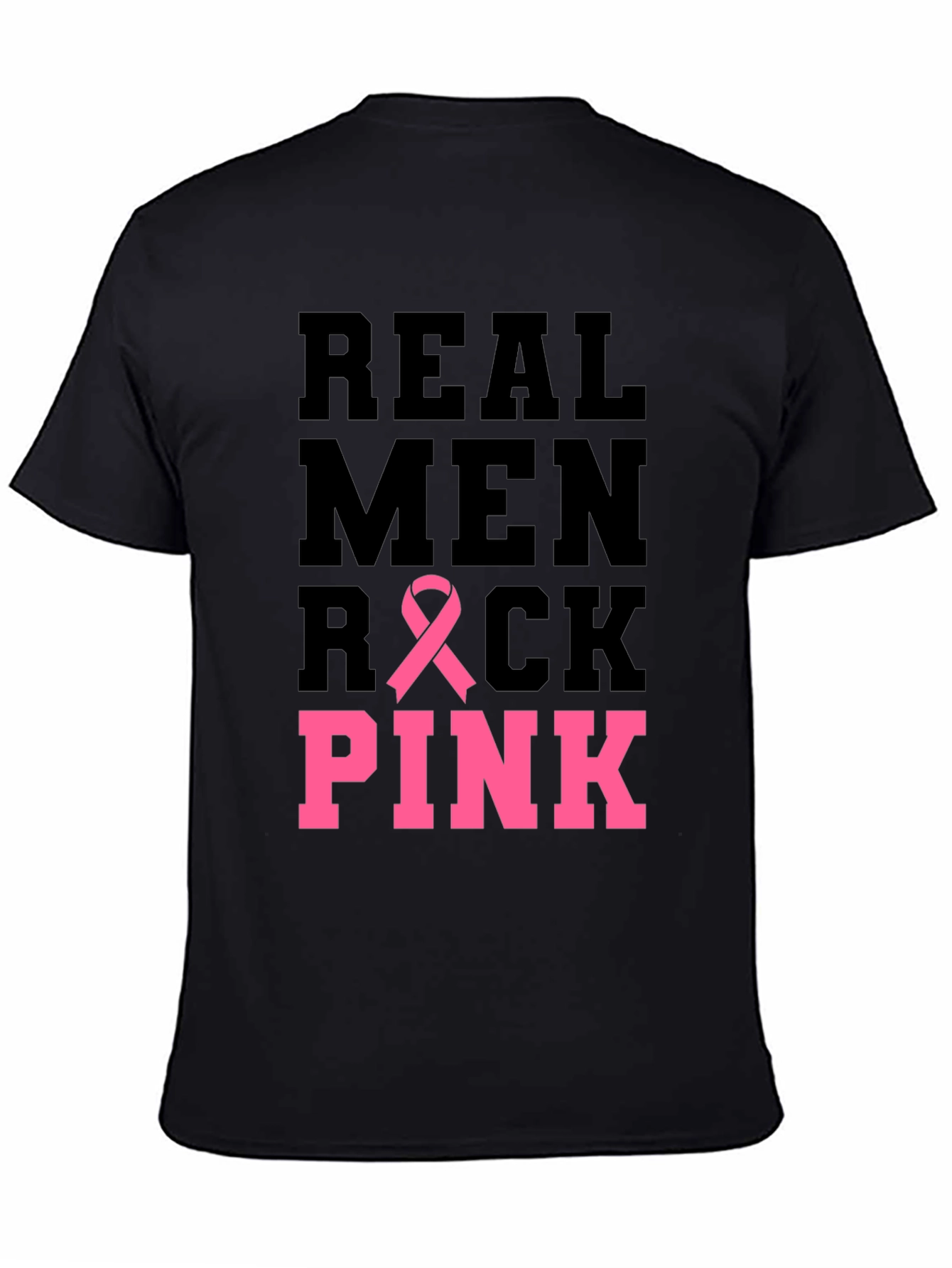 Black Real Men Rock Pink Breast Cancer Awareness T-Shirt view 4