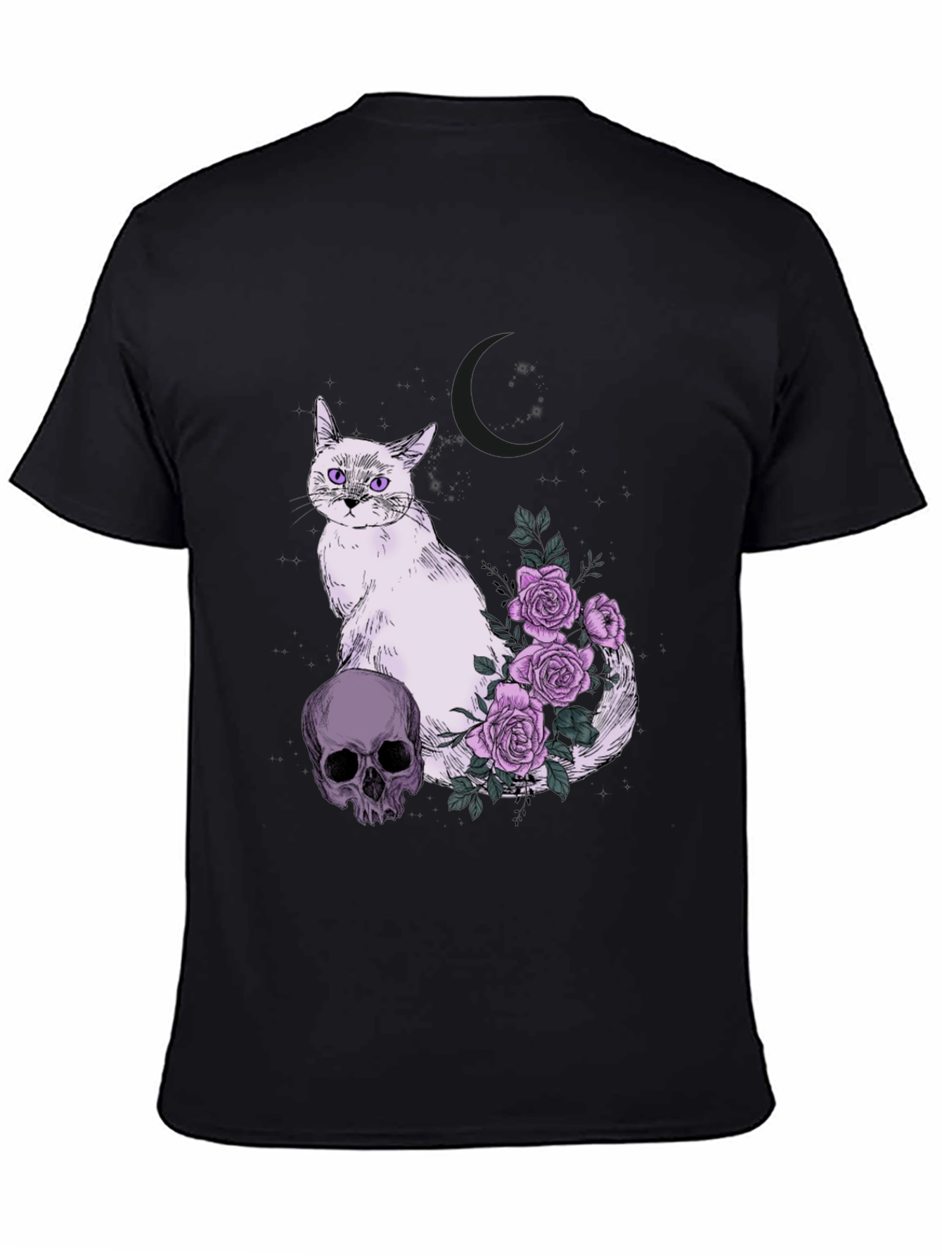 Black Gothic Cat Skull & Roses T-Shirt view 4