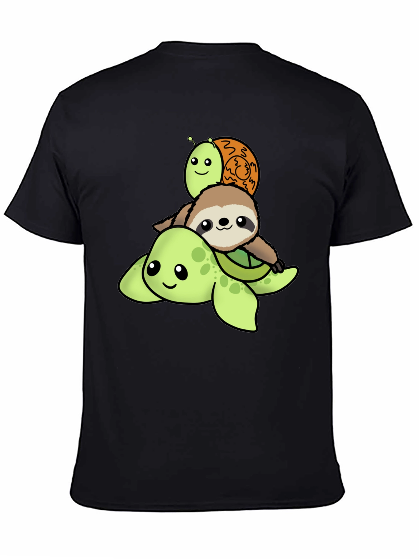 Black Turtle, Sloth, Snail Cartoon Stack T-Shirt view 4