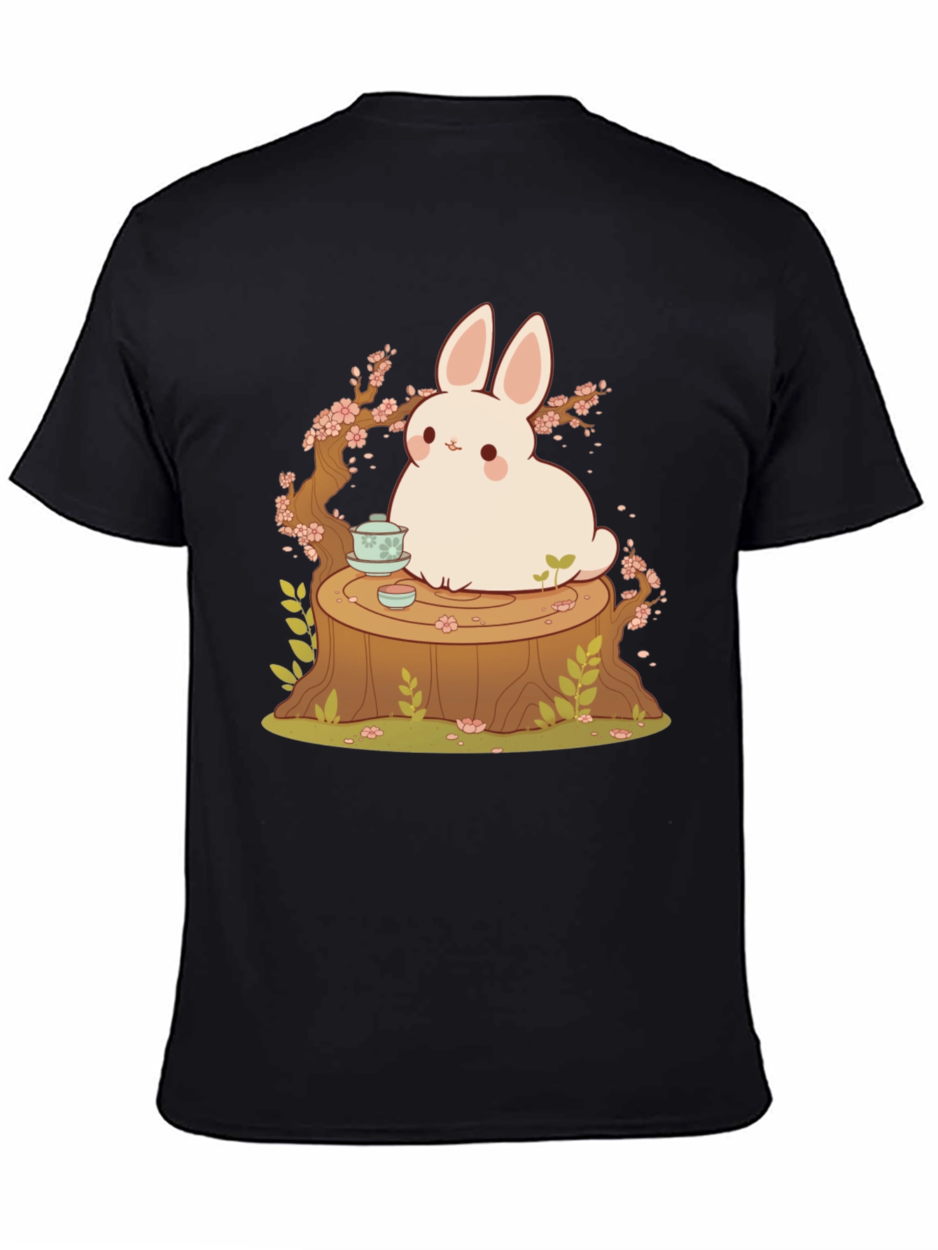 Black Cute Bunny and Tea Tree Stump Black T-Shirt view 4