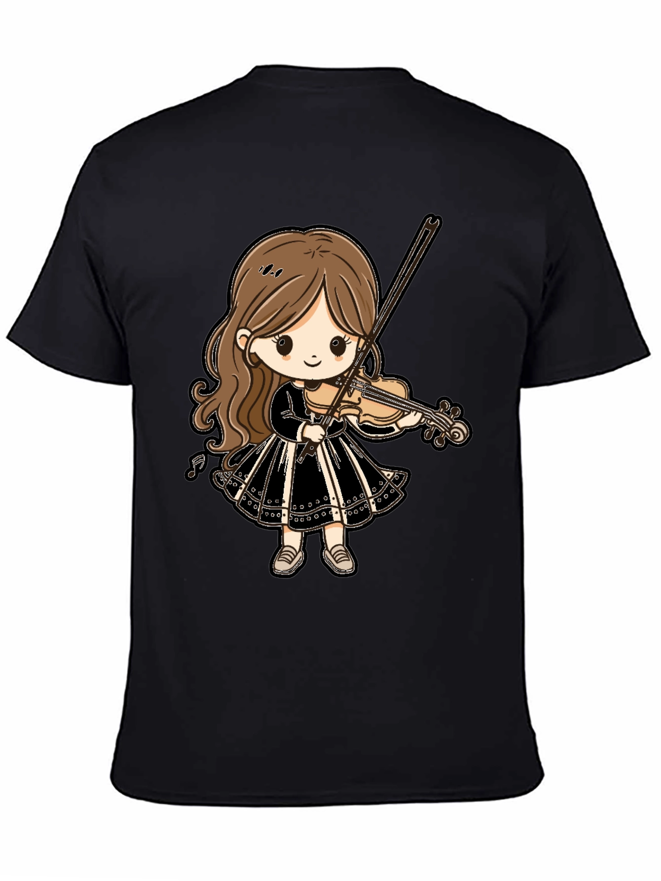 Black Cute Violin Girl Graphic Tee - Black Cotton T-Shirt view 4