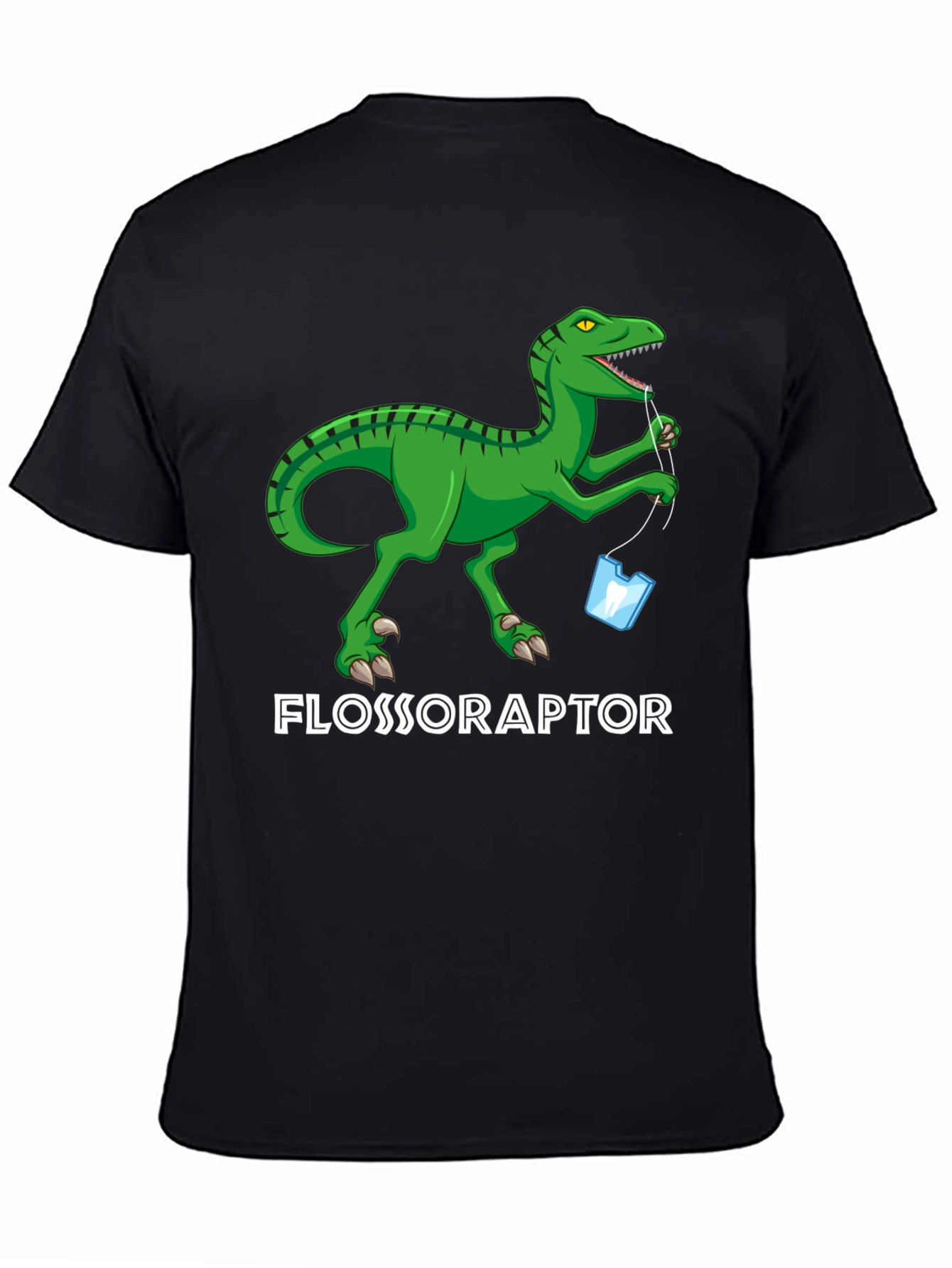 Black Flossoraptor T-Shirt - Dental Hygiene Dinosaur Tee view 4