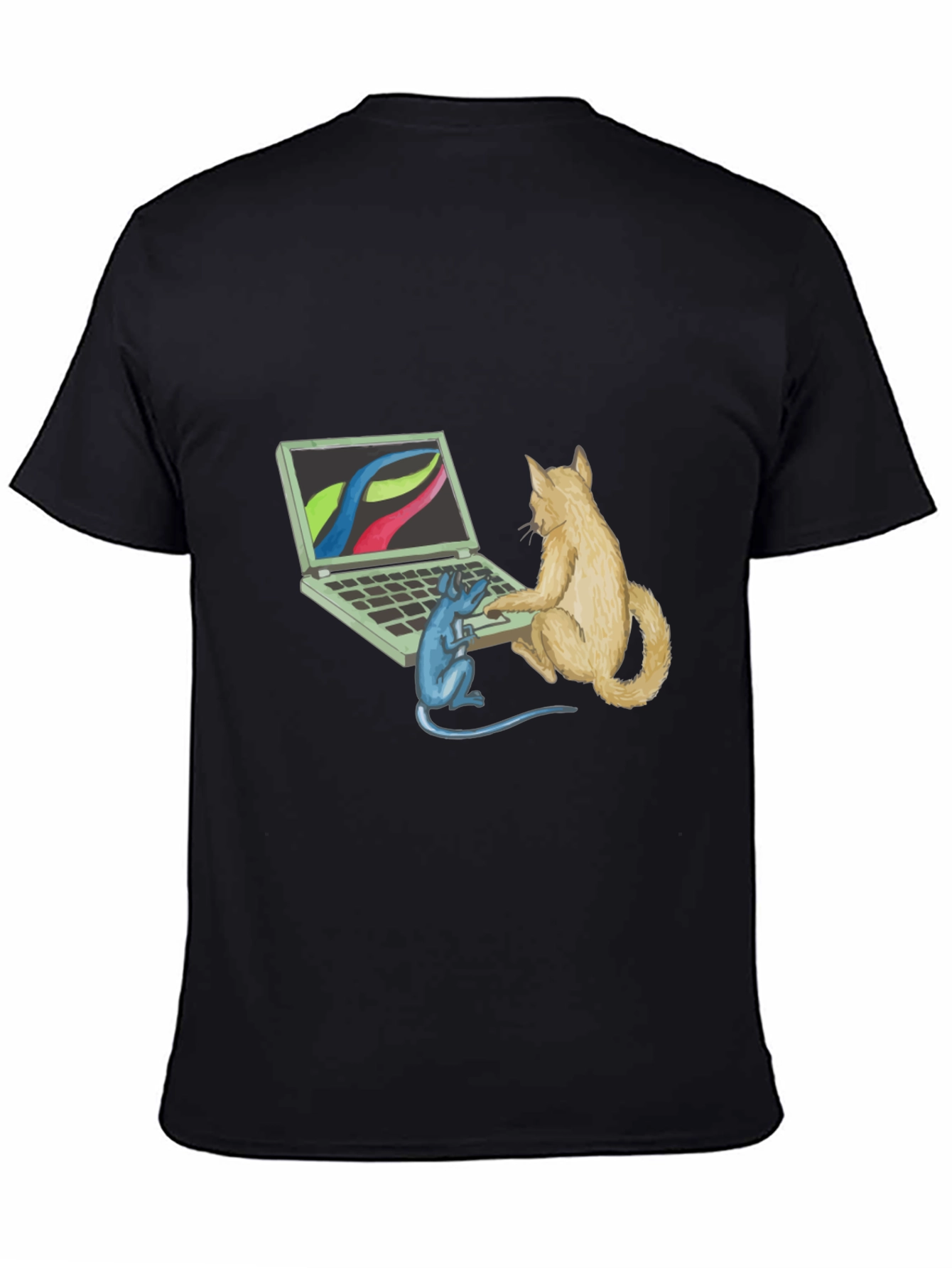 Black Cat & Mouse Computer Black T-Shirt view 4