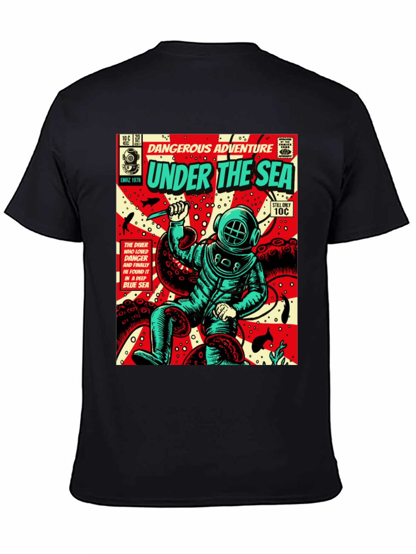 Black Under the Sea Comic Diver T-Shirt view 4