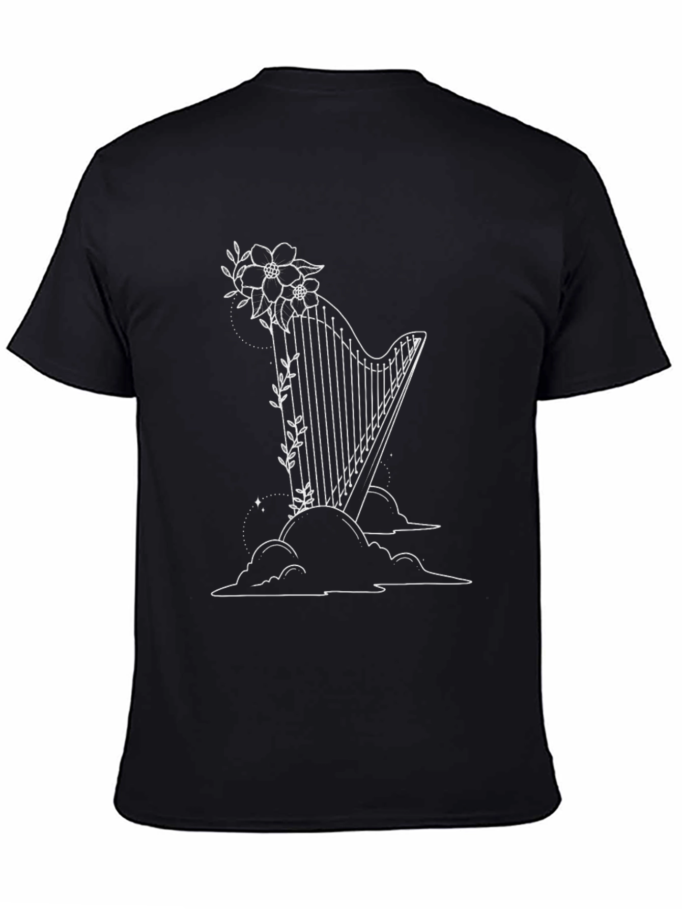 Black Floral Harp Graphic T-Shirt - Musical Style view 4