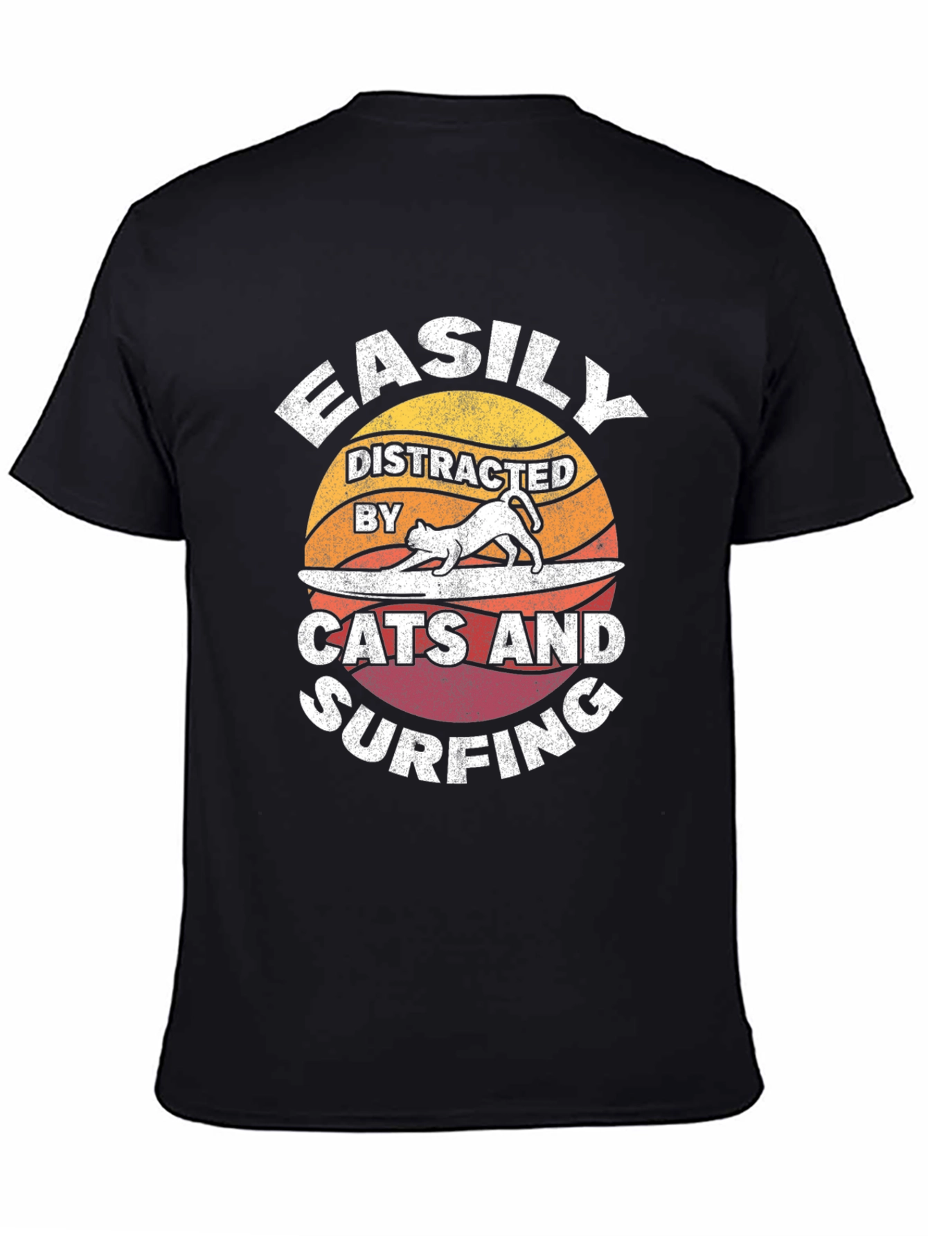 Black Easily Distracted Cats & Surfing T-Shirt view 4