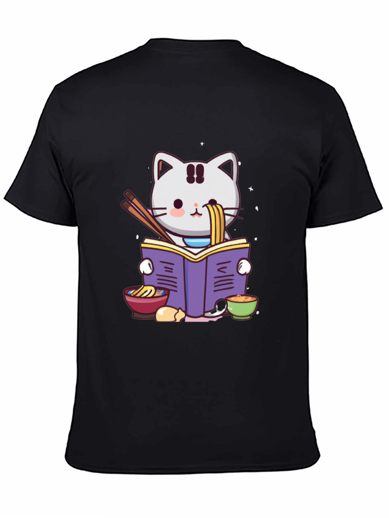 Black Ramen Cat Reading T-Shirt view 4