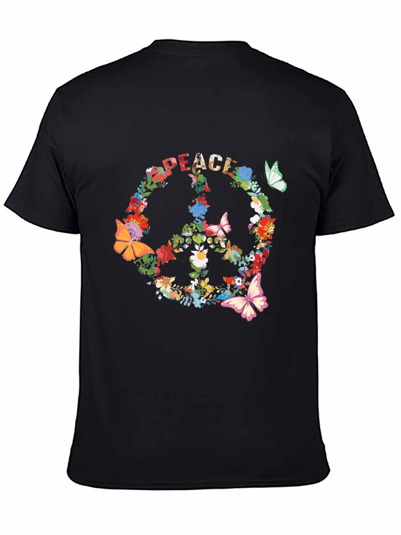 Black Floral Peace Sign T-Shirt - Retro Hippie Style view 4