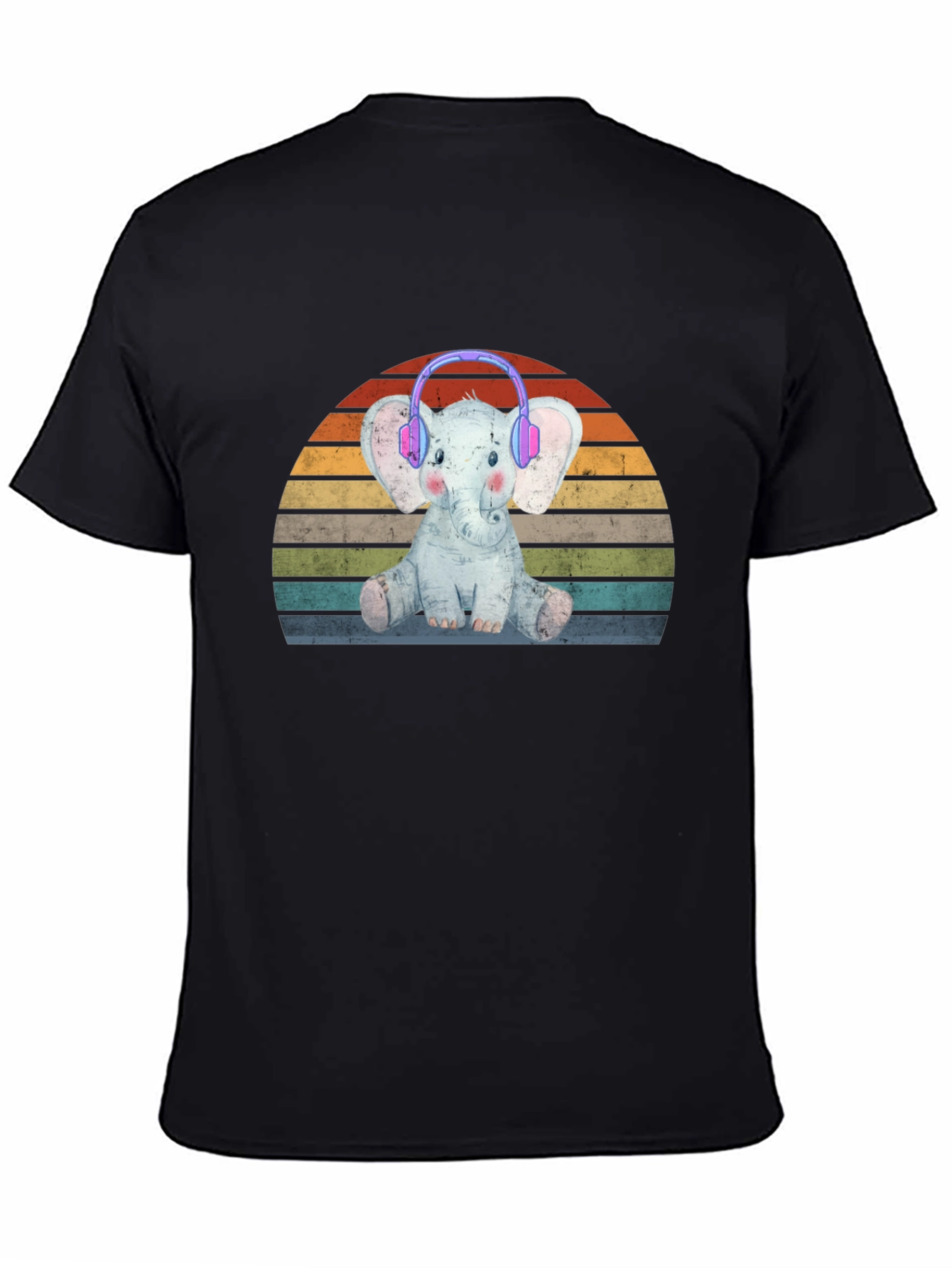 Black Elephant Headphones Retro Style T-Shirt view 4