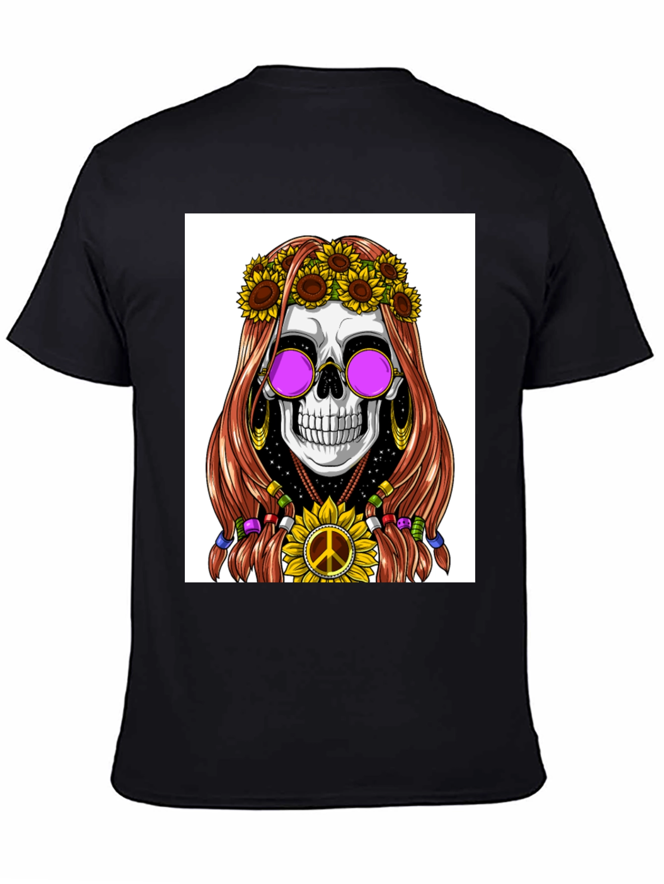 Black Hippie Skull Graphic T-Shirt view 4