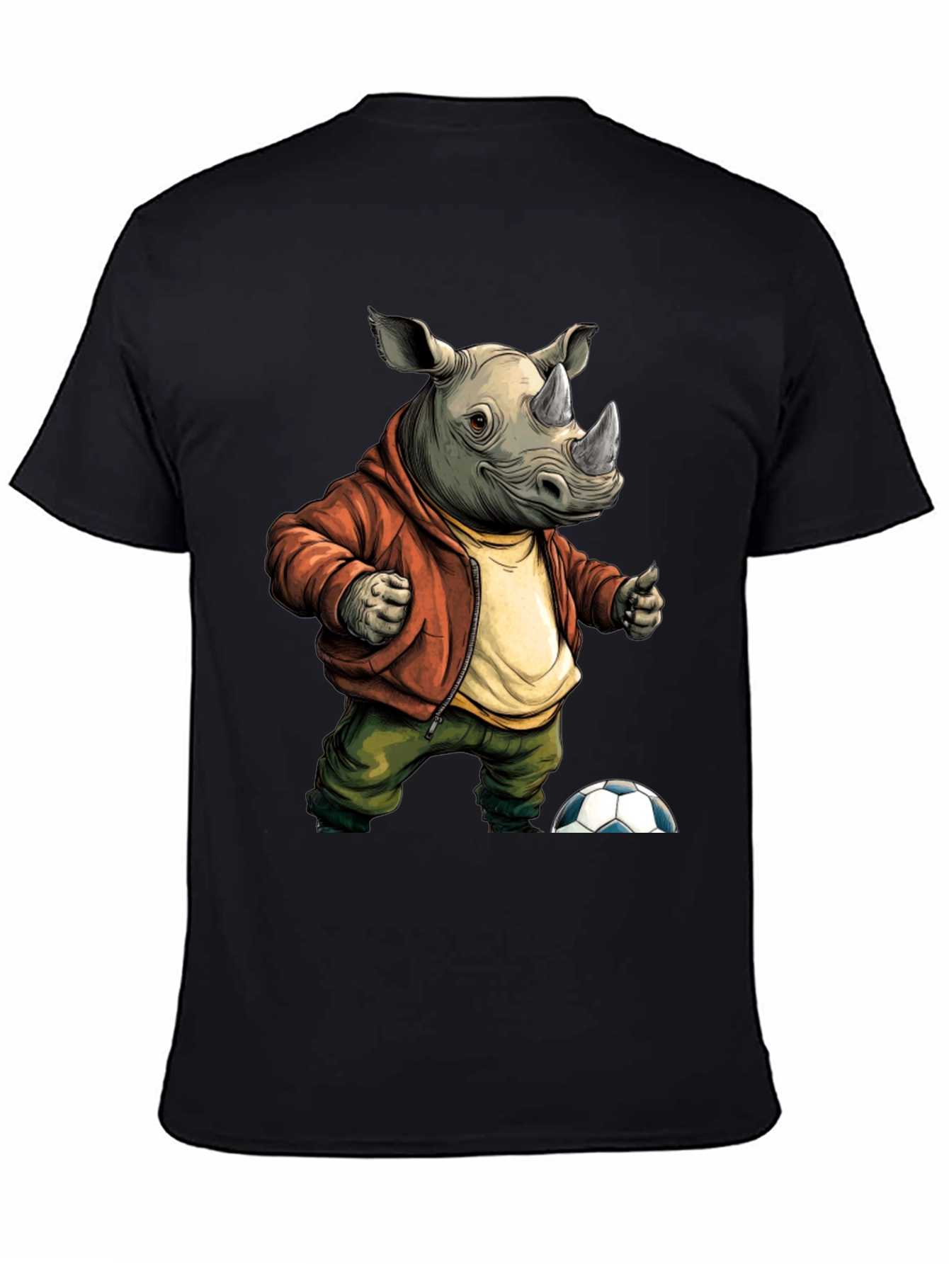Black Rhino Soccer T-Shirt: Unique Cartoon Graphic Tee view 4