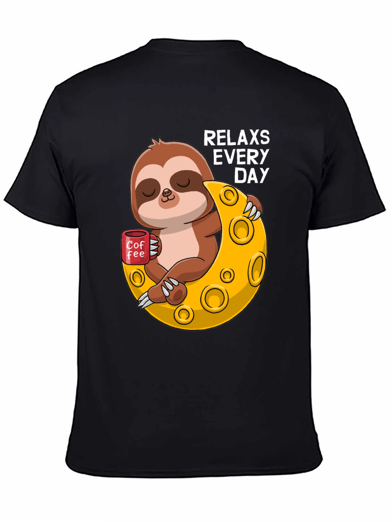 Black Relax Sloth on Moon T-Shirt view 4