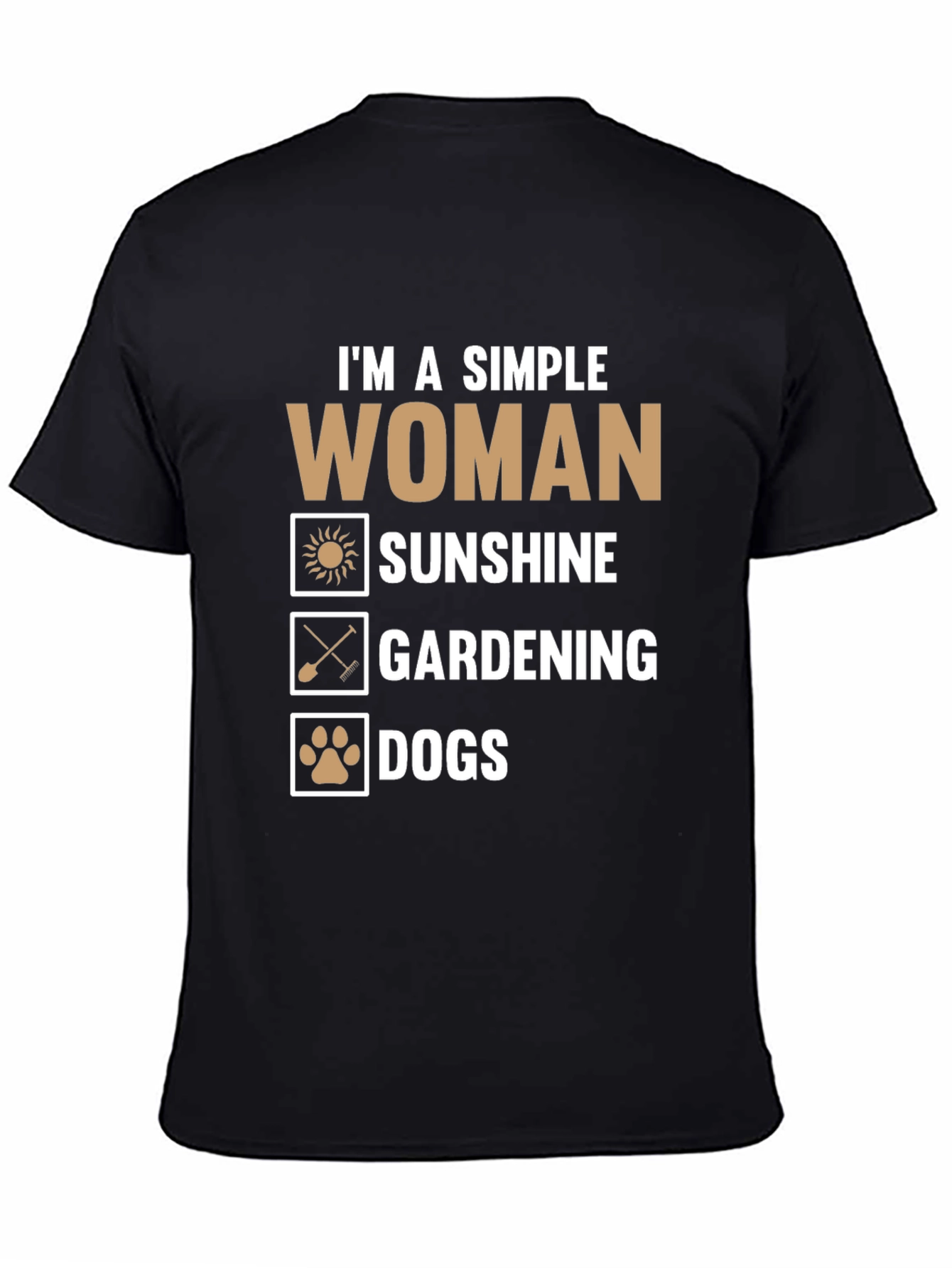 Black Simple Woman T-Shirt - Sunshine, Gardening, Dogs view 4