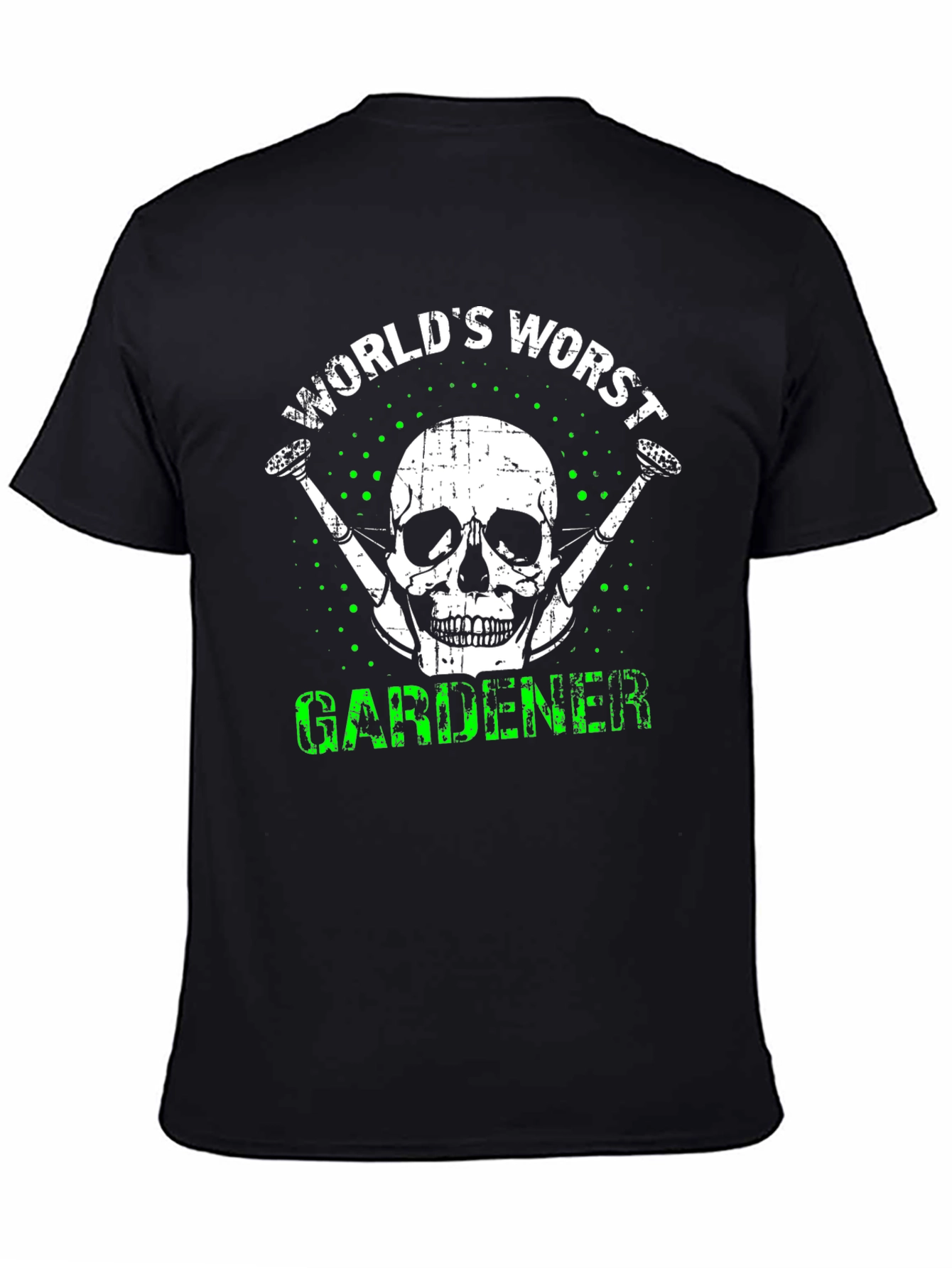 Black World's Worst Gardener T-Shirt - Skull & Watering Can Design view 4