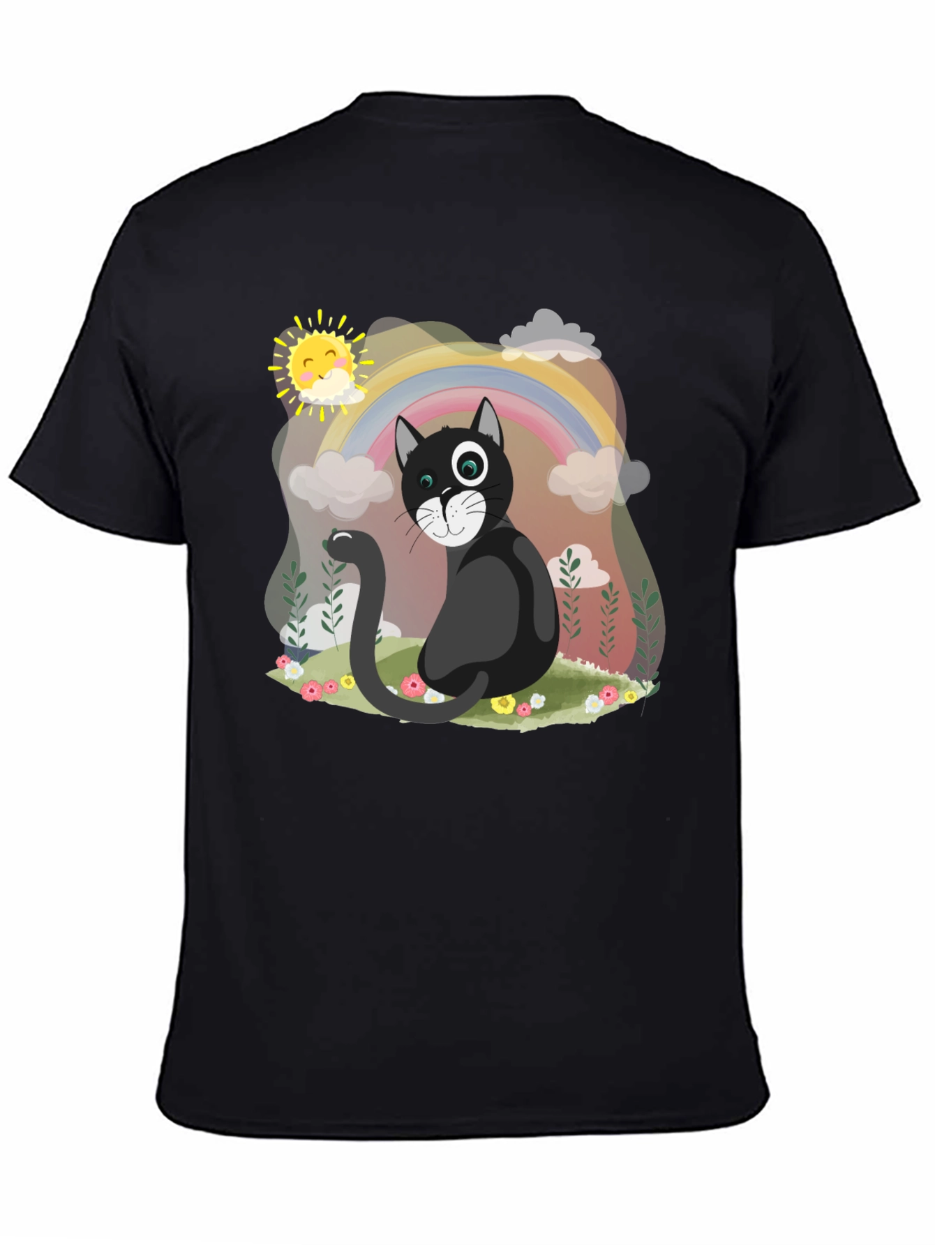 Black Whimsical Cat Rainbow T-Shirt view 4