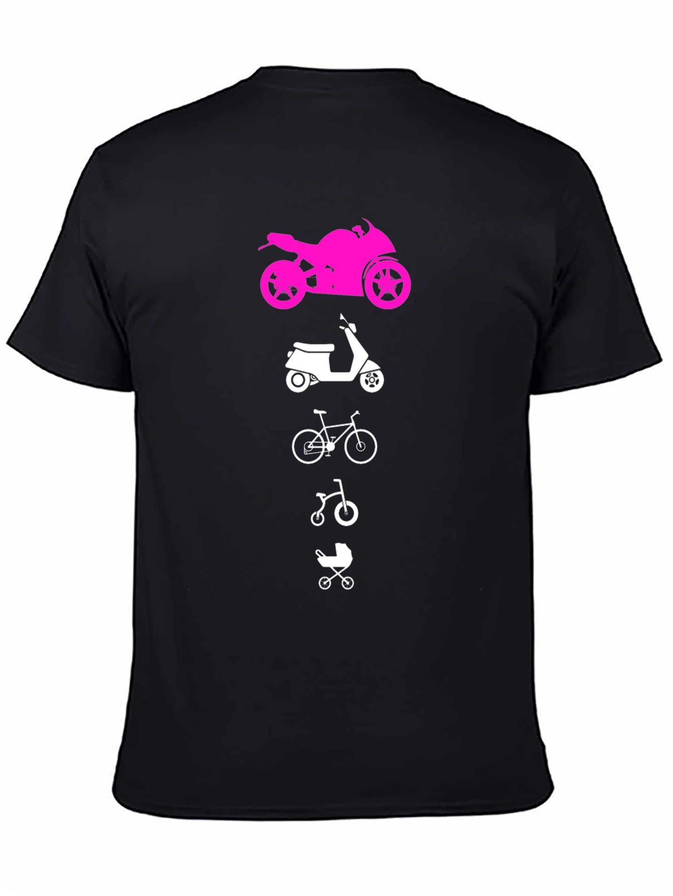 Black Evolution of Man Tee: Motorcycle, Scooter, Bike, Baby Carriage view 4