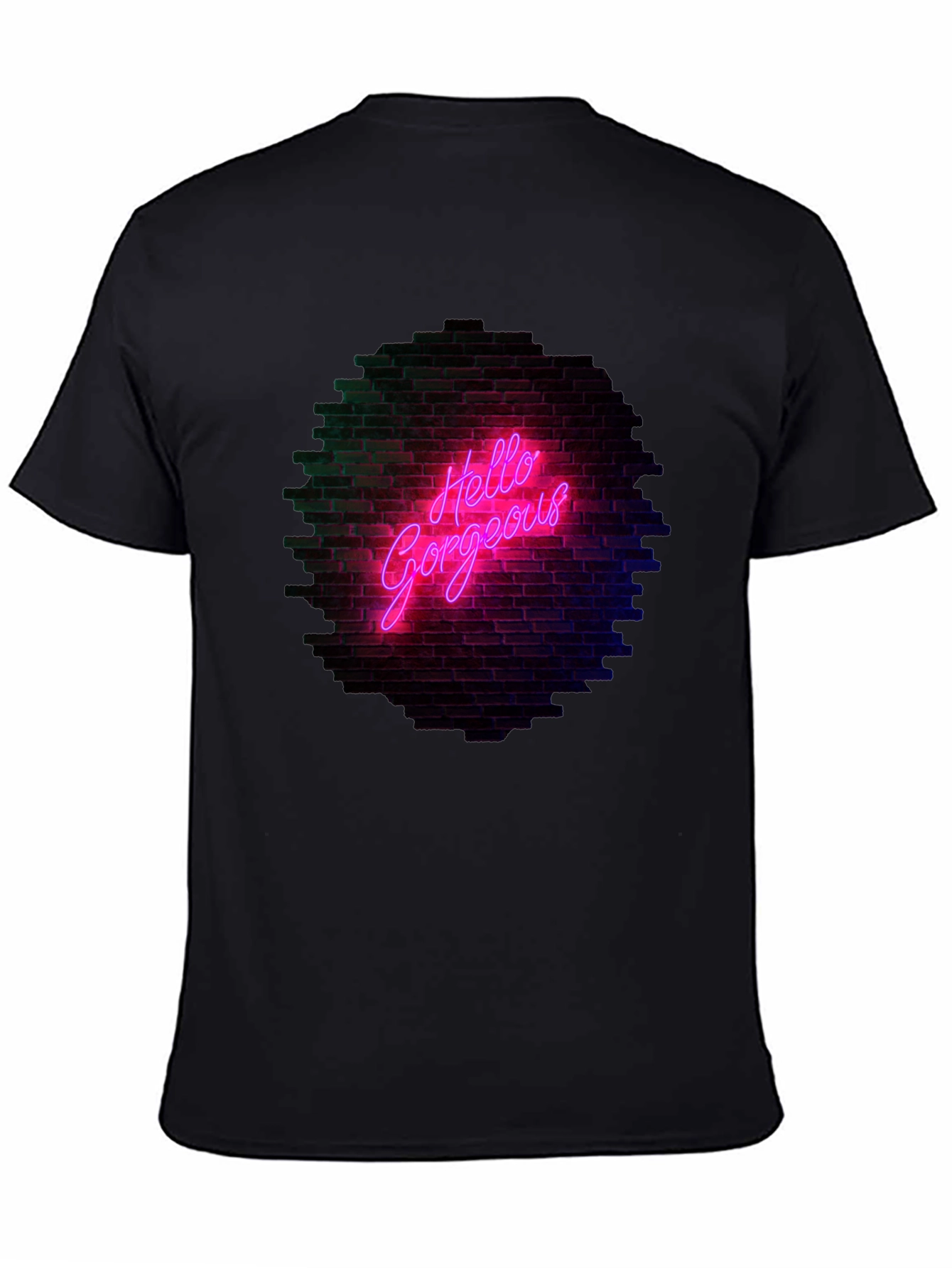 Black Hello Gorgeous Graphic Tee - Neon Brick Wall Design view 4