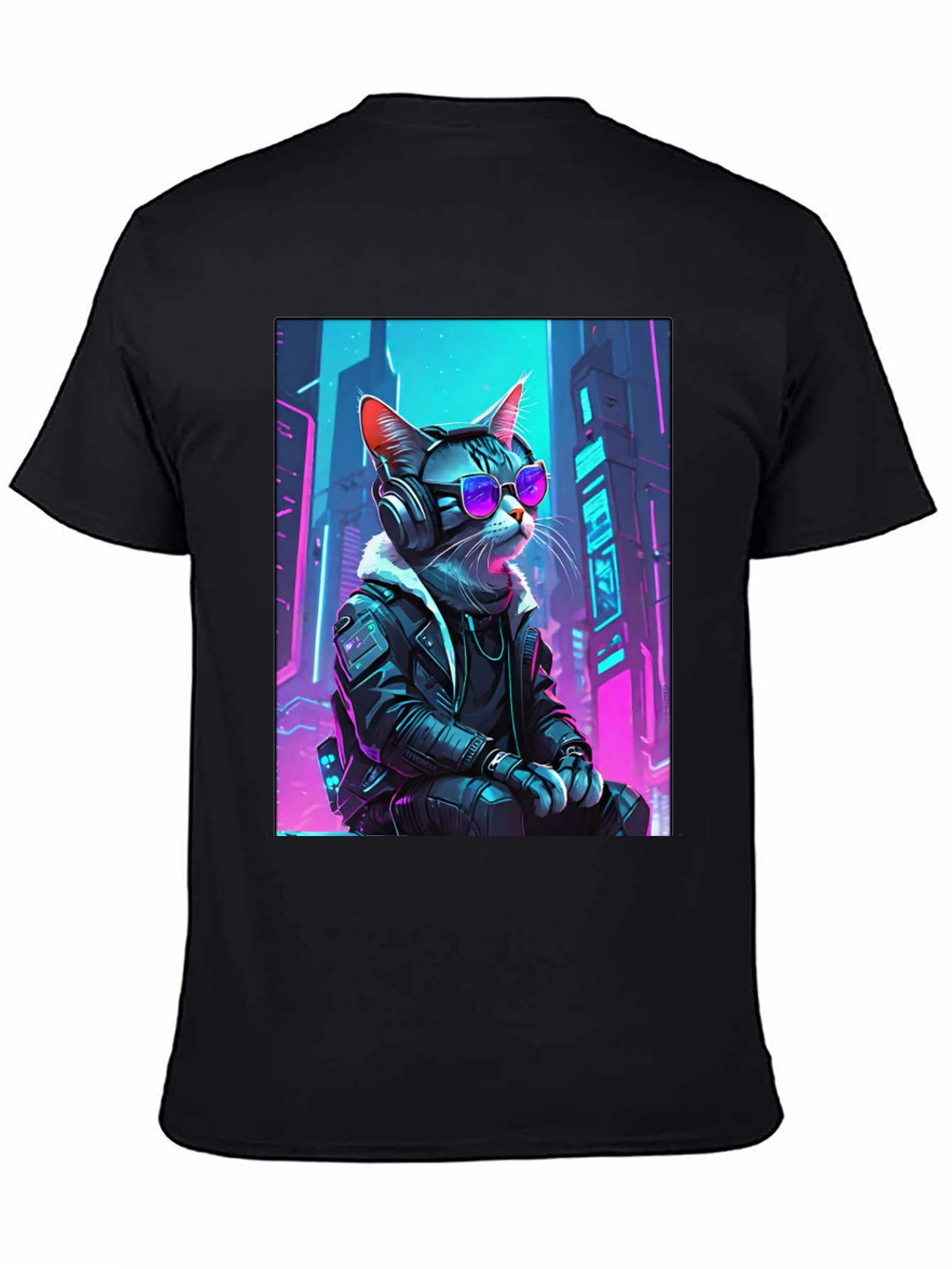 Black Cyberpunk Cat T-Shirt - Cool Neon Design view 4