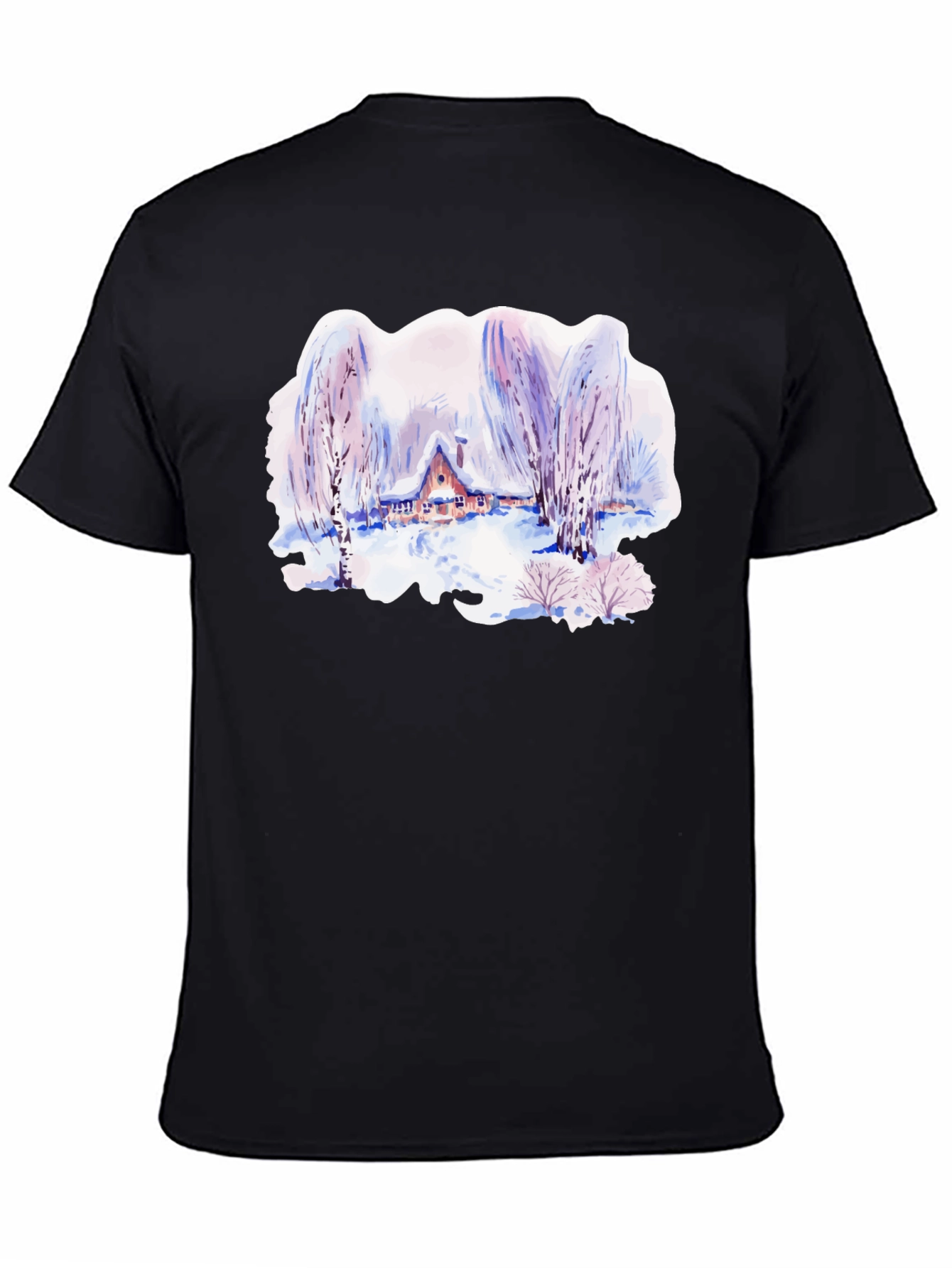 Black Winter Cabin Watercolor Graphic T-Shirt view 4