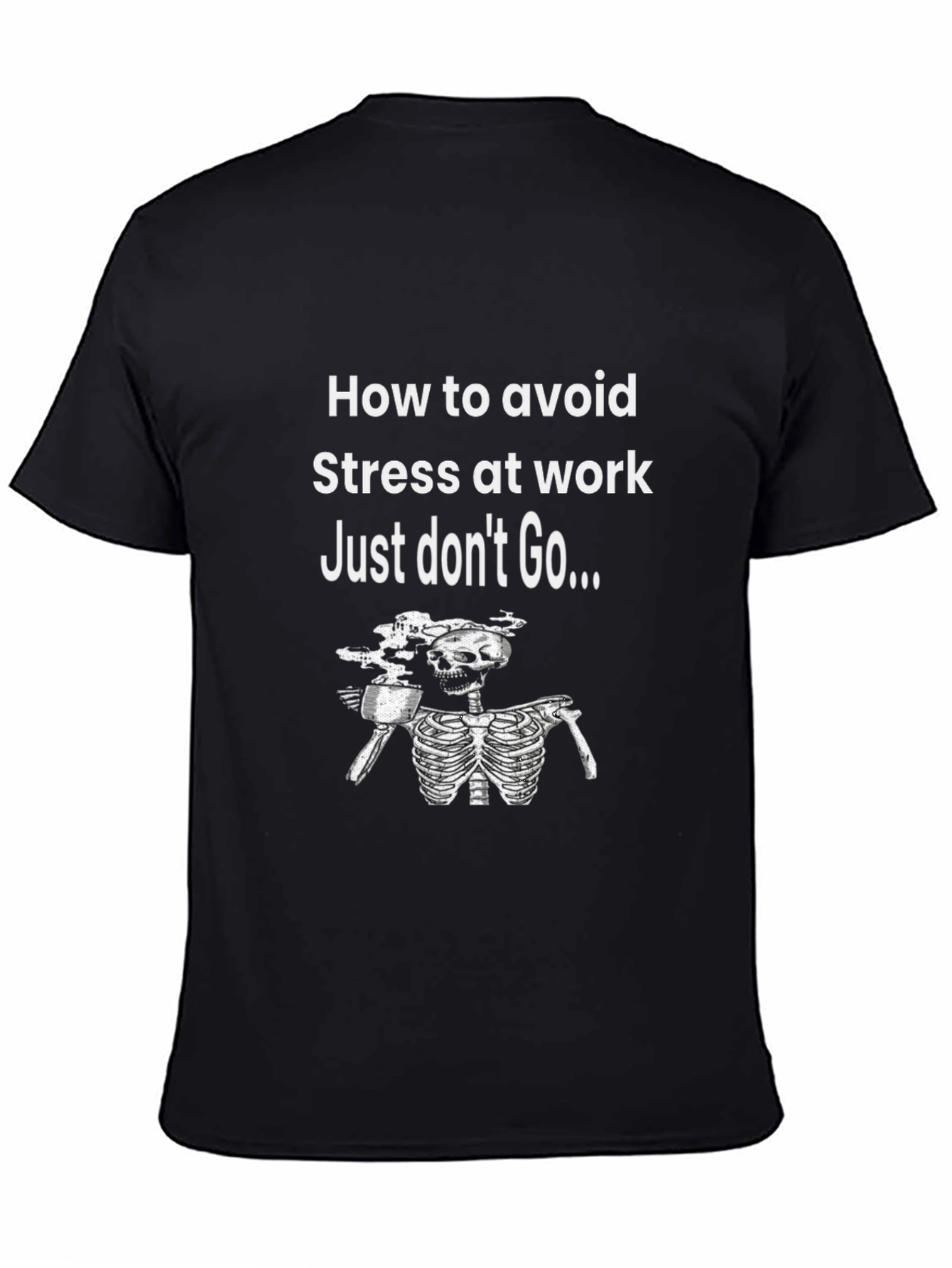 Black Funny "Avoid Stress" Skeleton Graphic T-Shirt view 4