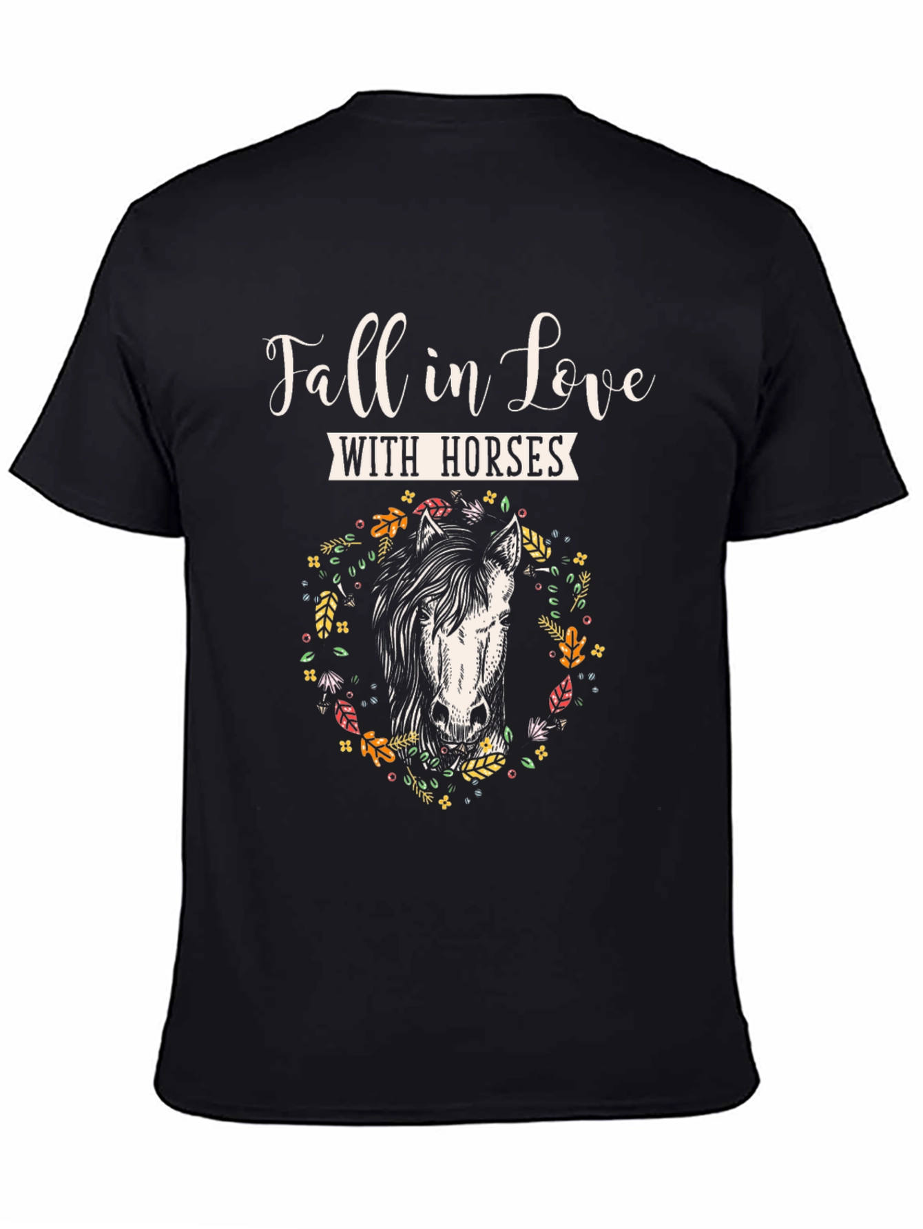 Black Fall in Love with Horses T-Shirt, Floral Horse Tee view 4