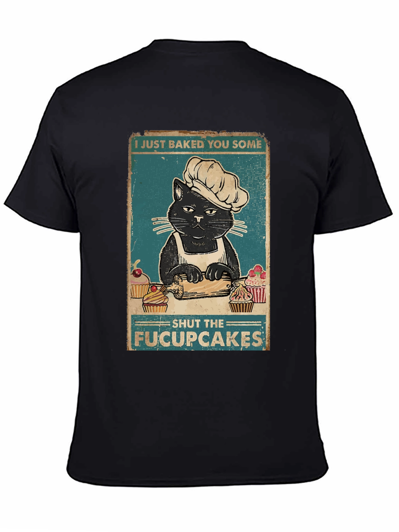 Black Funny Cat Baker T-Shirt - Shut the Fucupcakes! view 4