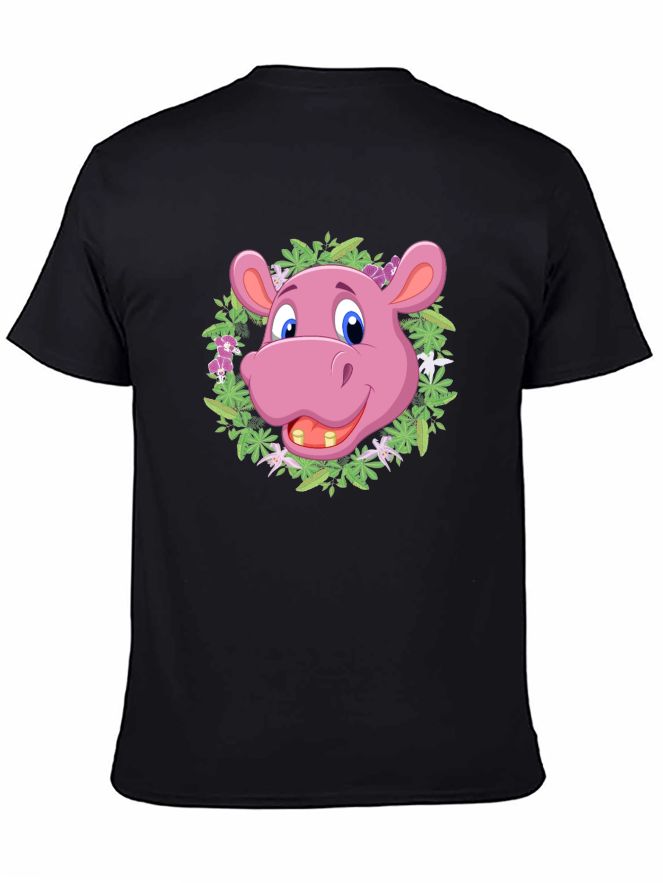 Black Cartoon Hippo Floral Wreath T-Shirt view 4