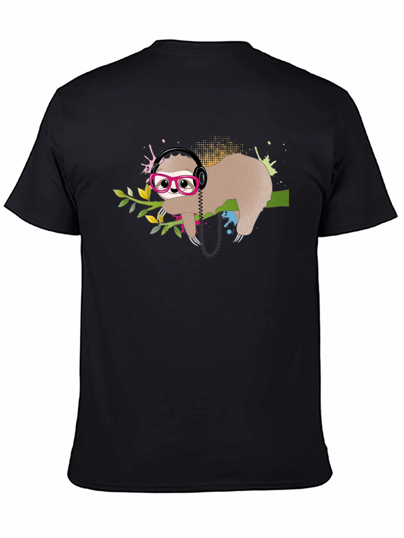 Black Sloth in Glasses T-Shirt, Cool Headphones Graphic Tee view 4