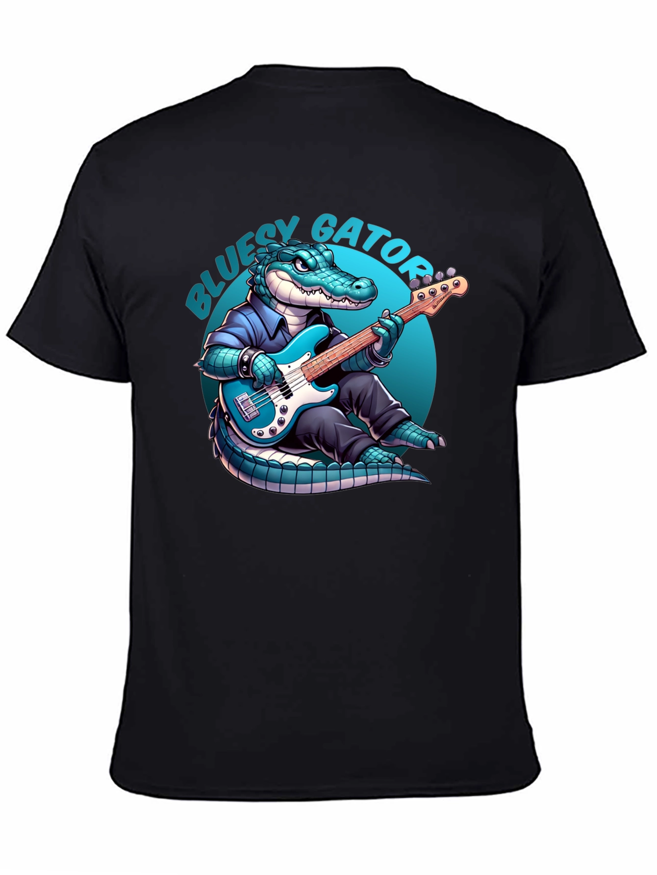 Black Bluesy Gator T-Shirt: Alligator Playing Bass Guitar view 4