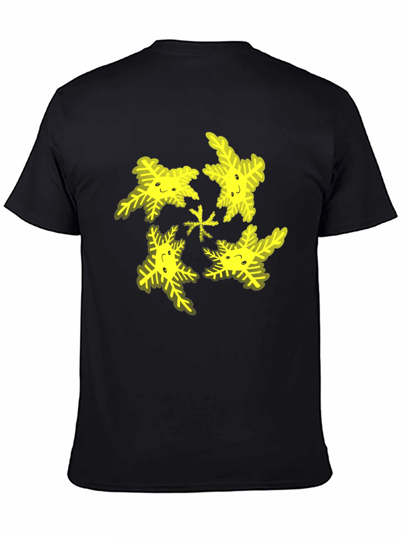 Black Cheerful Snowflake Pattern Black T-Shirt view 4