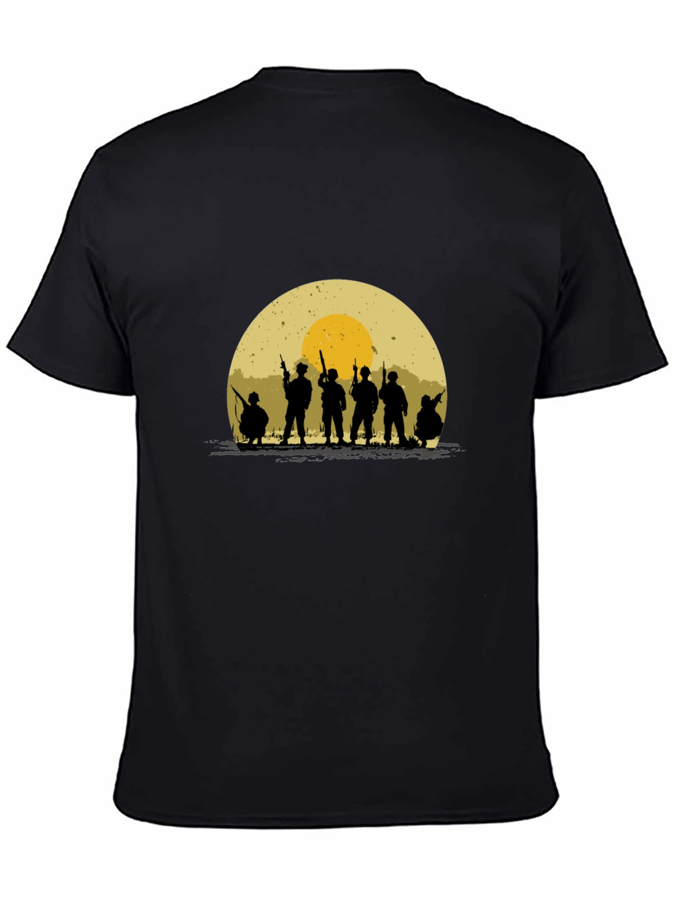 Black Silhouette Soldier T-Shirt - Retro Sunset Design view 4